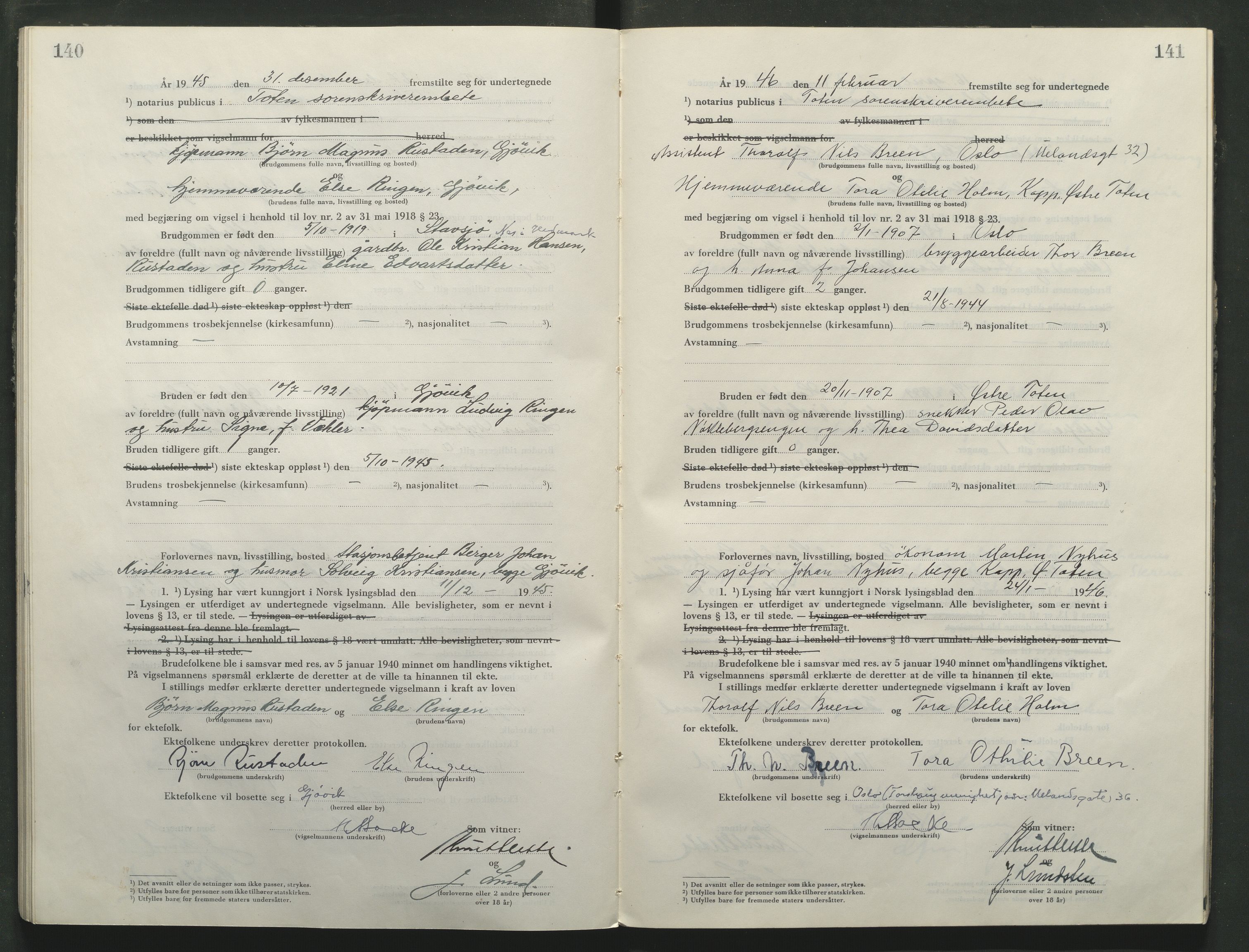 Toten tingrett, AV/SAH-TING-006/L/Lc/L0005: Vigselbok, 1944-1948, p. 140-141