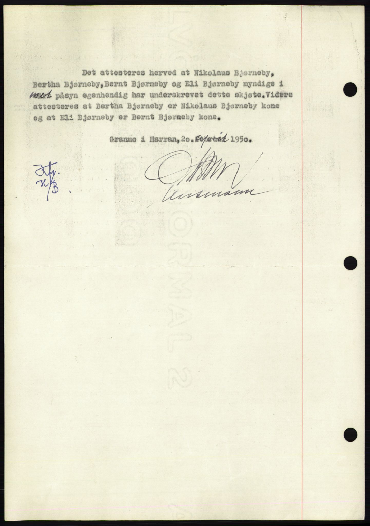 Namdal sorenskriveri, AV/SAT-A-4133/1/2/2C: Mortgage book no. -, 1950-1950, Diary no: : 1020/1950