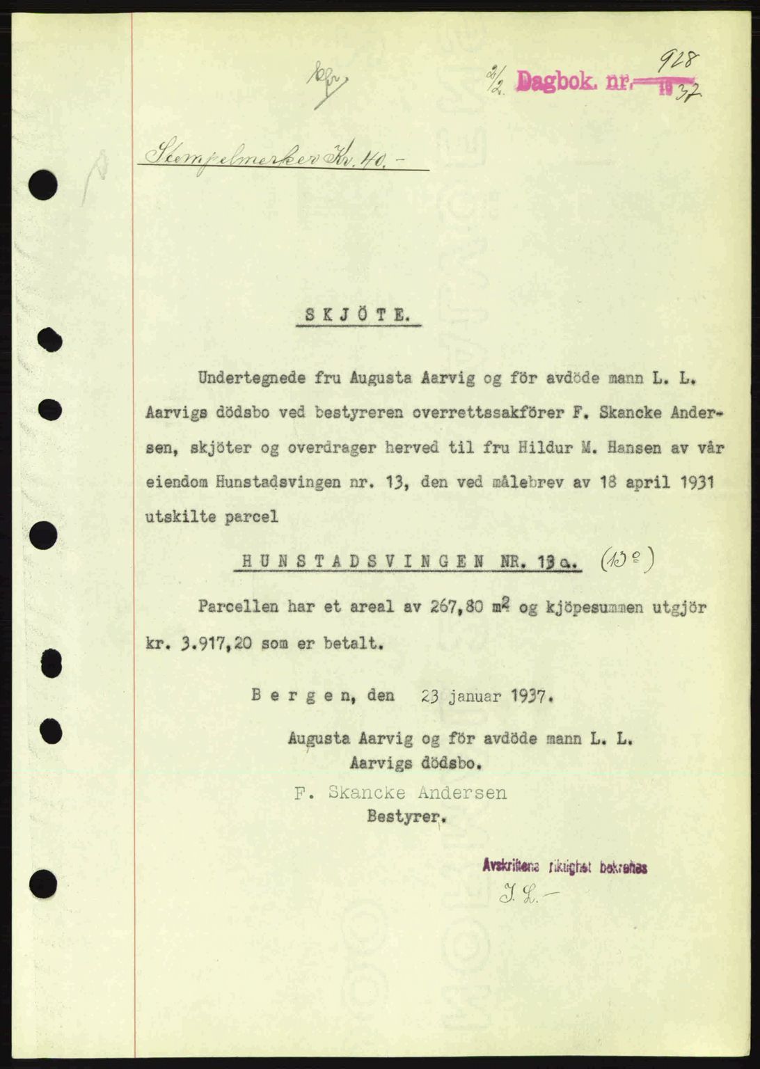 Byfogd og Byskriver i Bergen, SAB/A-3401/03/03Bc/L0004: Mortgage book no. A3-4, 1936-1937, Diary no: : 928/1937
