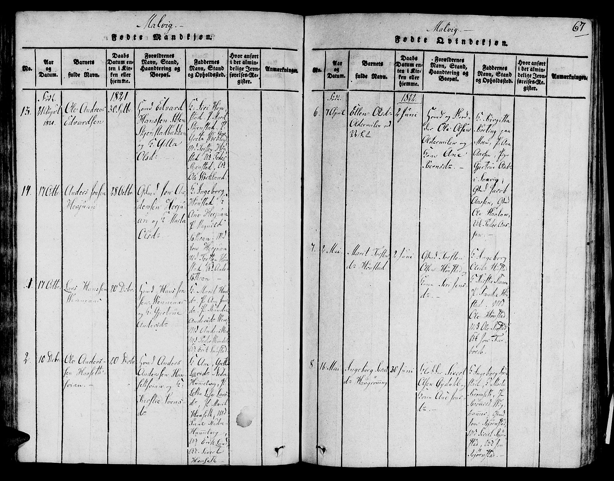 Ministerialprotokoller, klokkerbøker og fødselsregistre - Sør-Trøndelag, SAT/A-1456/606/L0284: Parish register (official) no. 606A03 /2, 1819-1823, p. 67