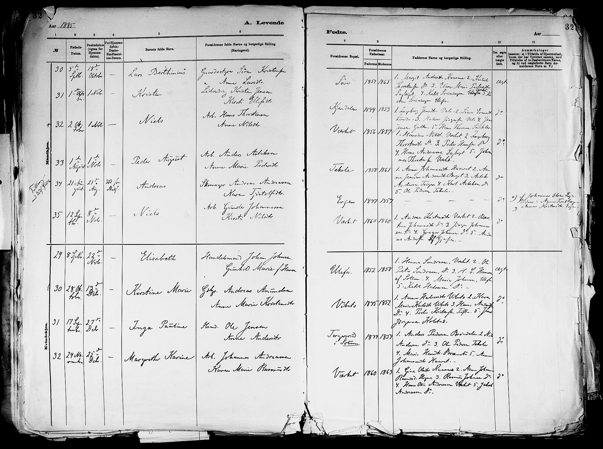 Holla kirkebøker, SAKO/A-272/F/Fa/L0008: Parish register (official) no. 8, 1882-1897, p. 32
