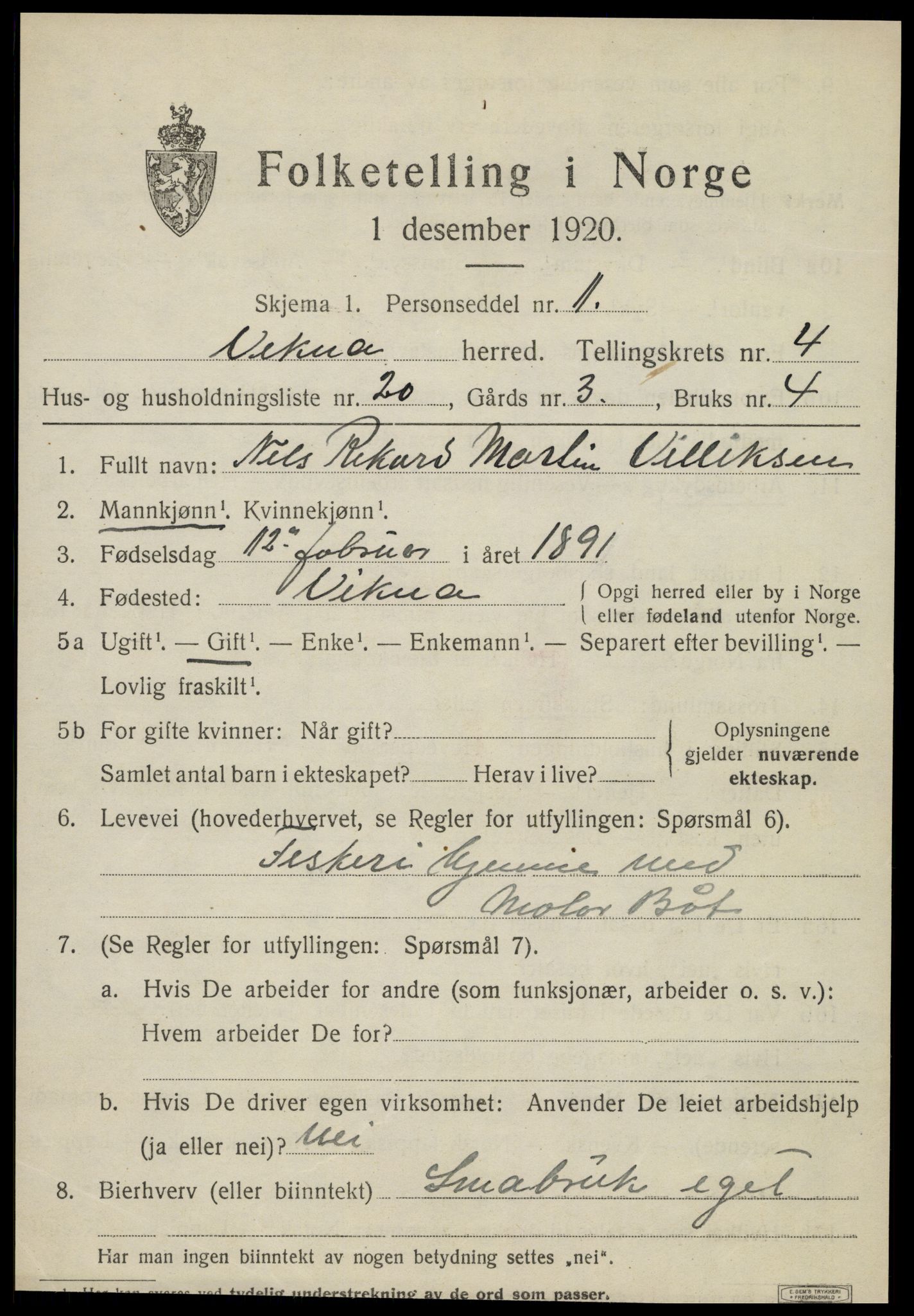 SAT, 1920 census for Vikna, 1920, p. 4357