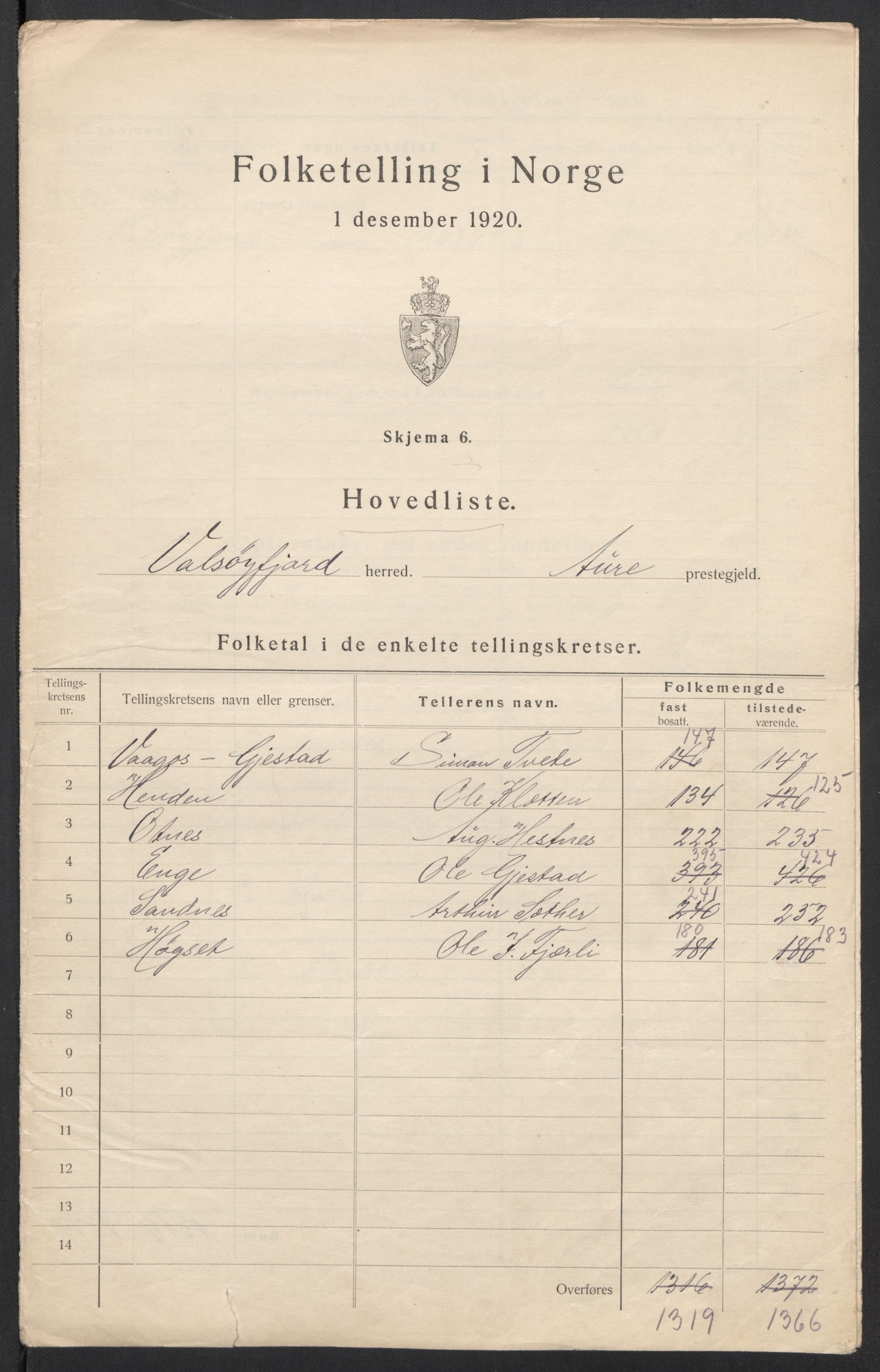 SAT, 1920 census for Valsøyfjord, 1920, p. 6