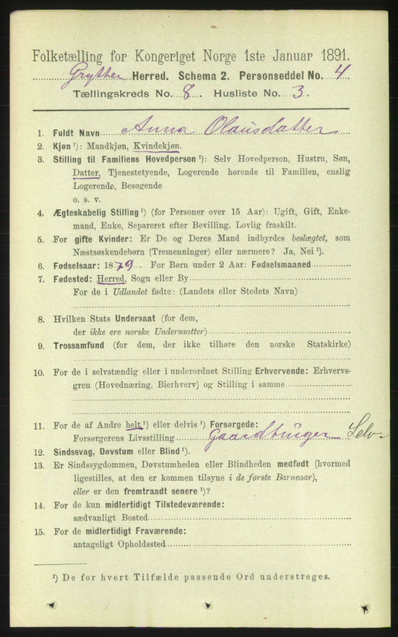 RA, 1891 census for 1539 Grytten, 1891, p. 3174