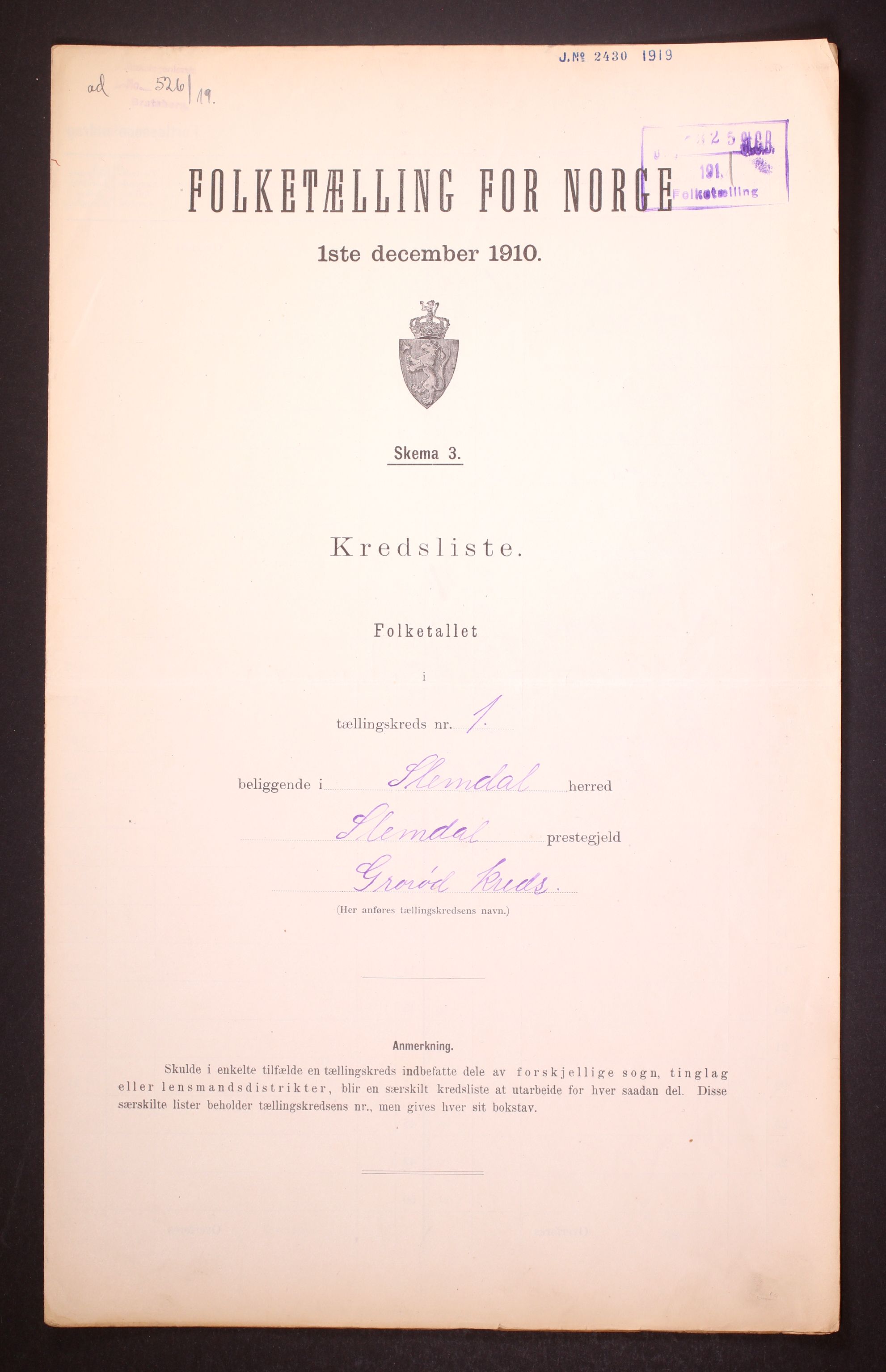 RA, 1910 census for Slemdal, 1910, p. 4