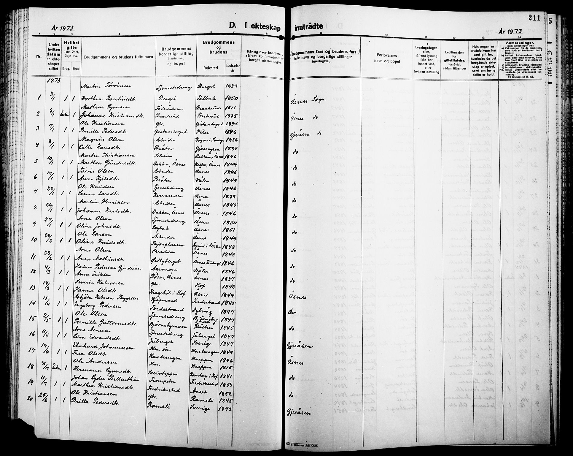 Åsnes prestekontor, AV/SAH-PREST-042/H/Ha/Haa/L0000B: Parish register (official), 1870-1889, p. 211