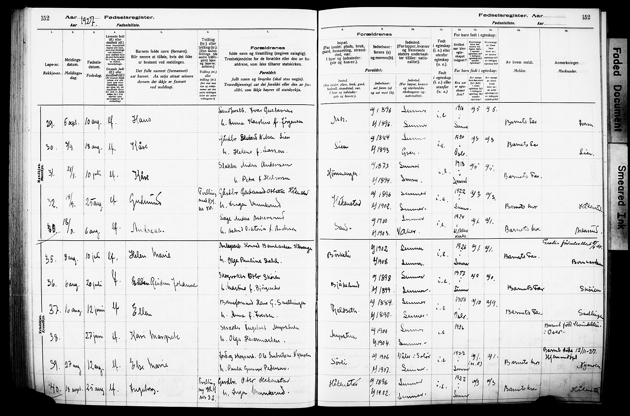 Lunner prestekontor, AV/SAH-PREST-118/I/Id/L0001: Birth register no. 1, 1916-1932, p. 152