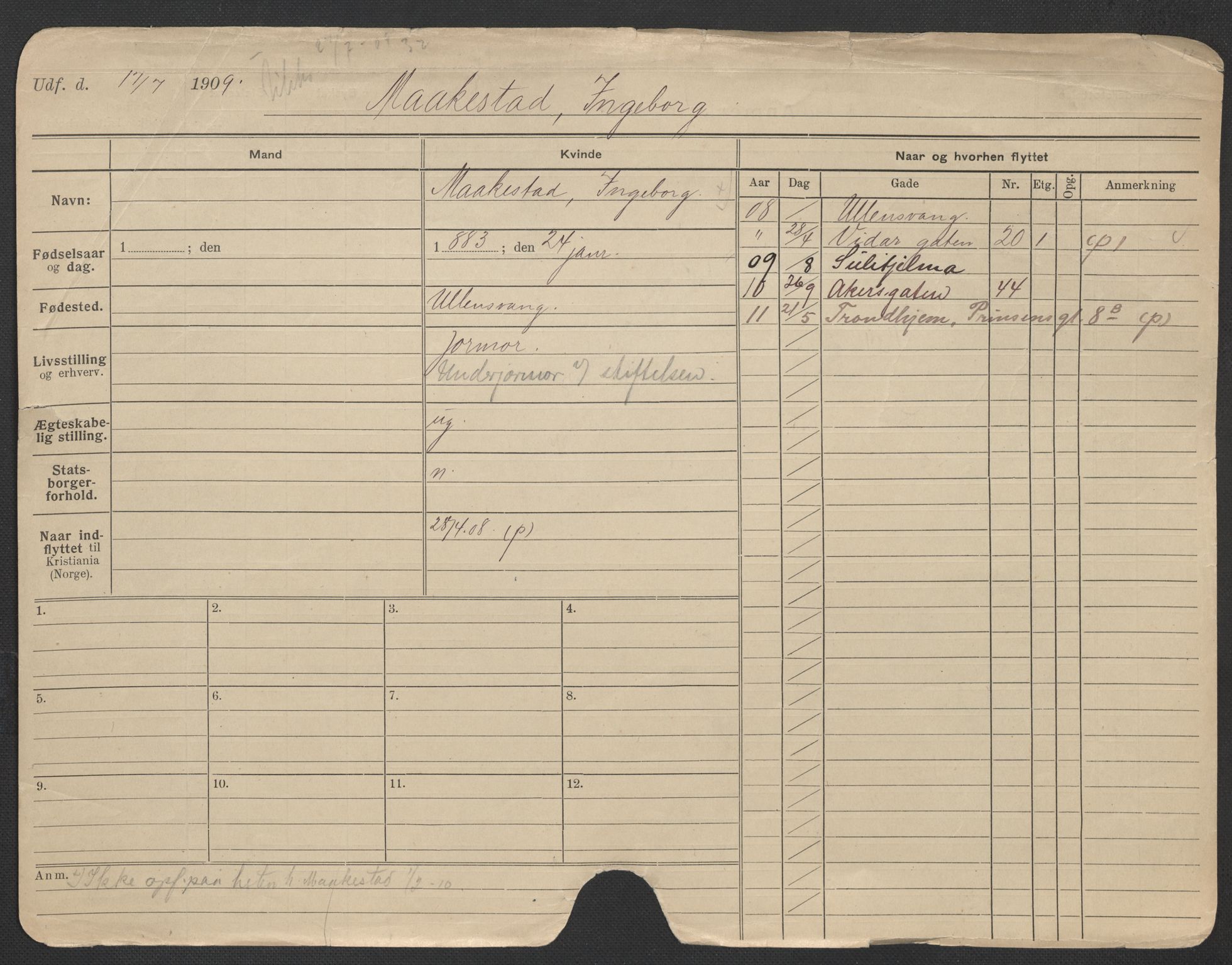 Oslo folkeregister, Registerkort, AV/SAO-A-11715/F/Fa/Fac/L0020: Kvinner, 1906-1914, p. 476a