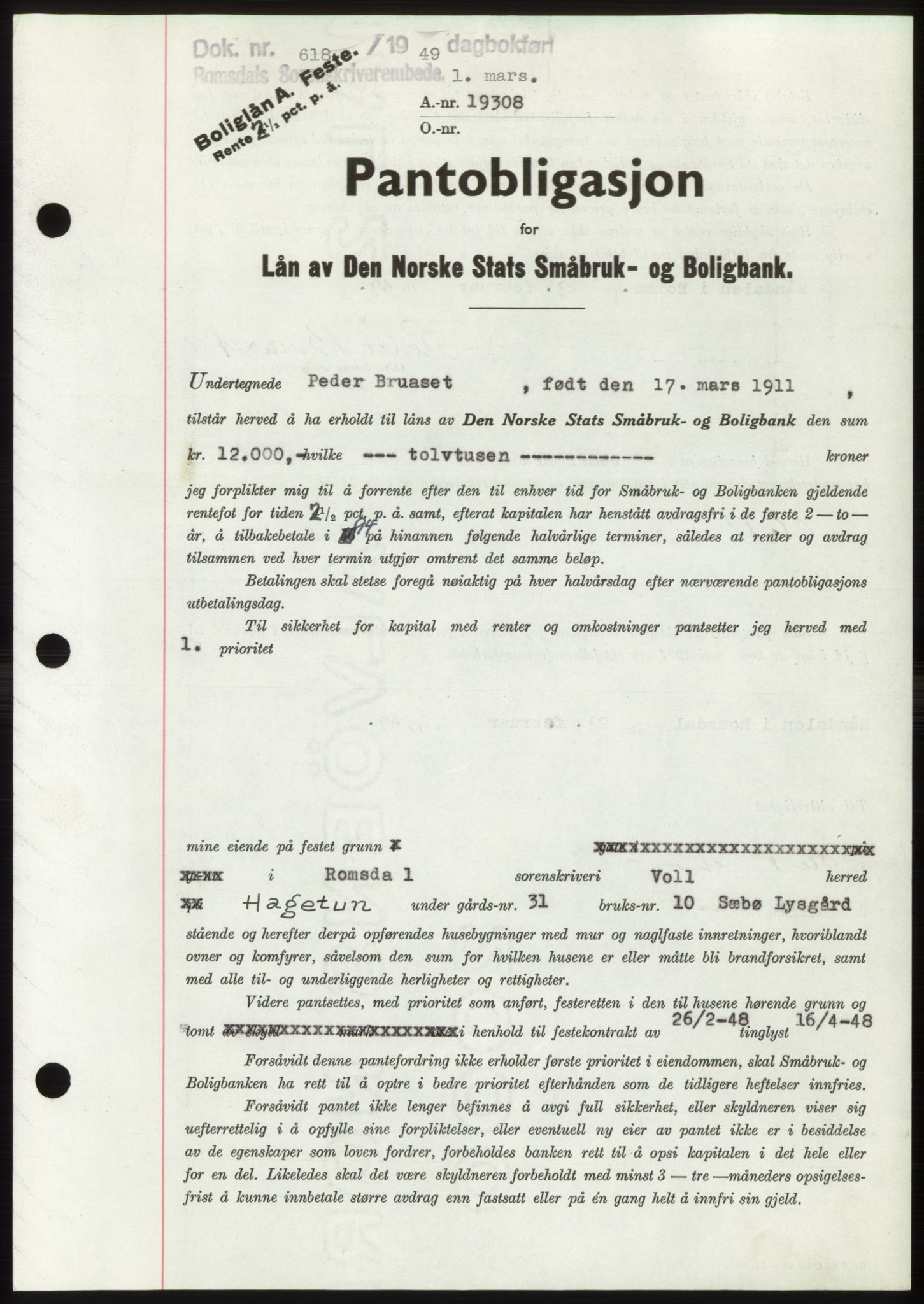 Romsdal sorenskriveri, AV/SAT-A-4149/1/2/2C: Mortgage book no. B4, 1948-1949, Diary no: : 618/1949