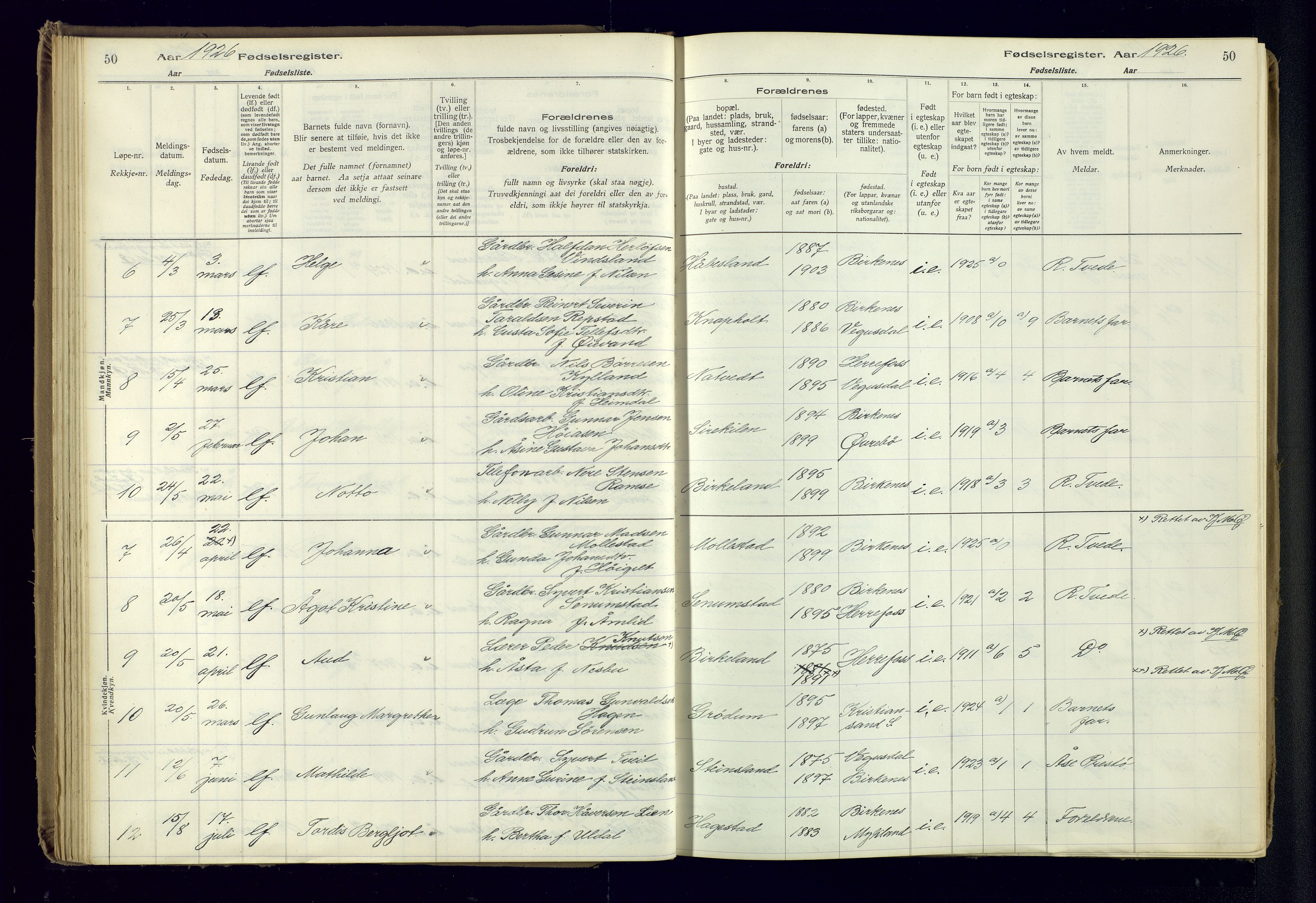 Birkenes sokneprestkontor, AV/SAK-1111-0004/J/Ja/L0001: Birth register no. II.6.4, 1916-1962, p. 50