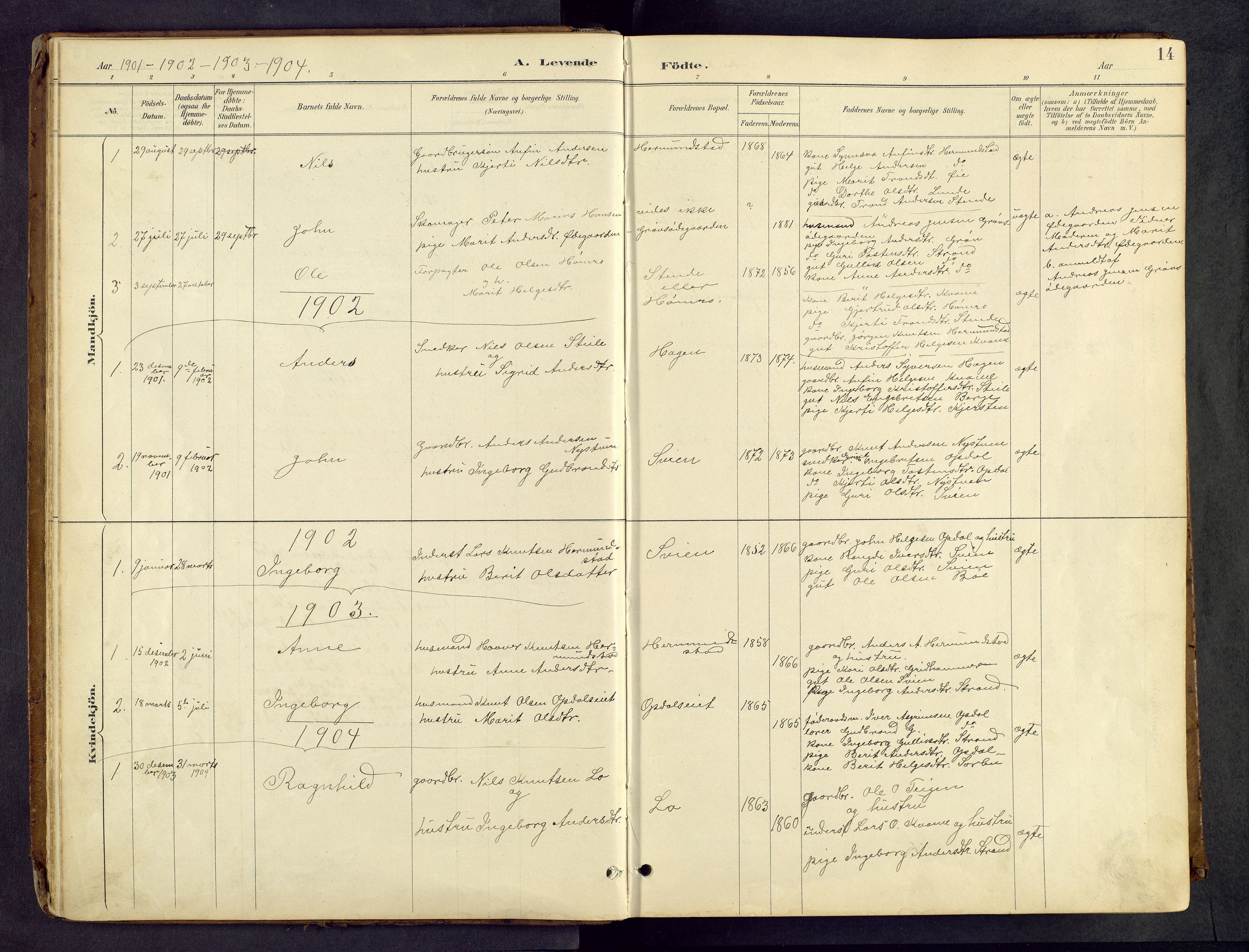 Vang prestekontor, Valdres, AV/SAH-PREST-140/H/Hb/L0005: Parish register (copy) no. 5, 1889-1945, p. 14