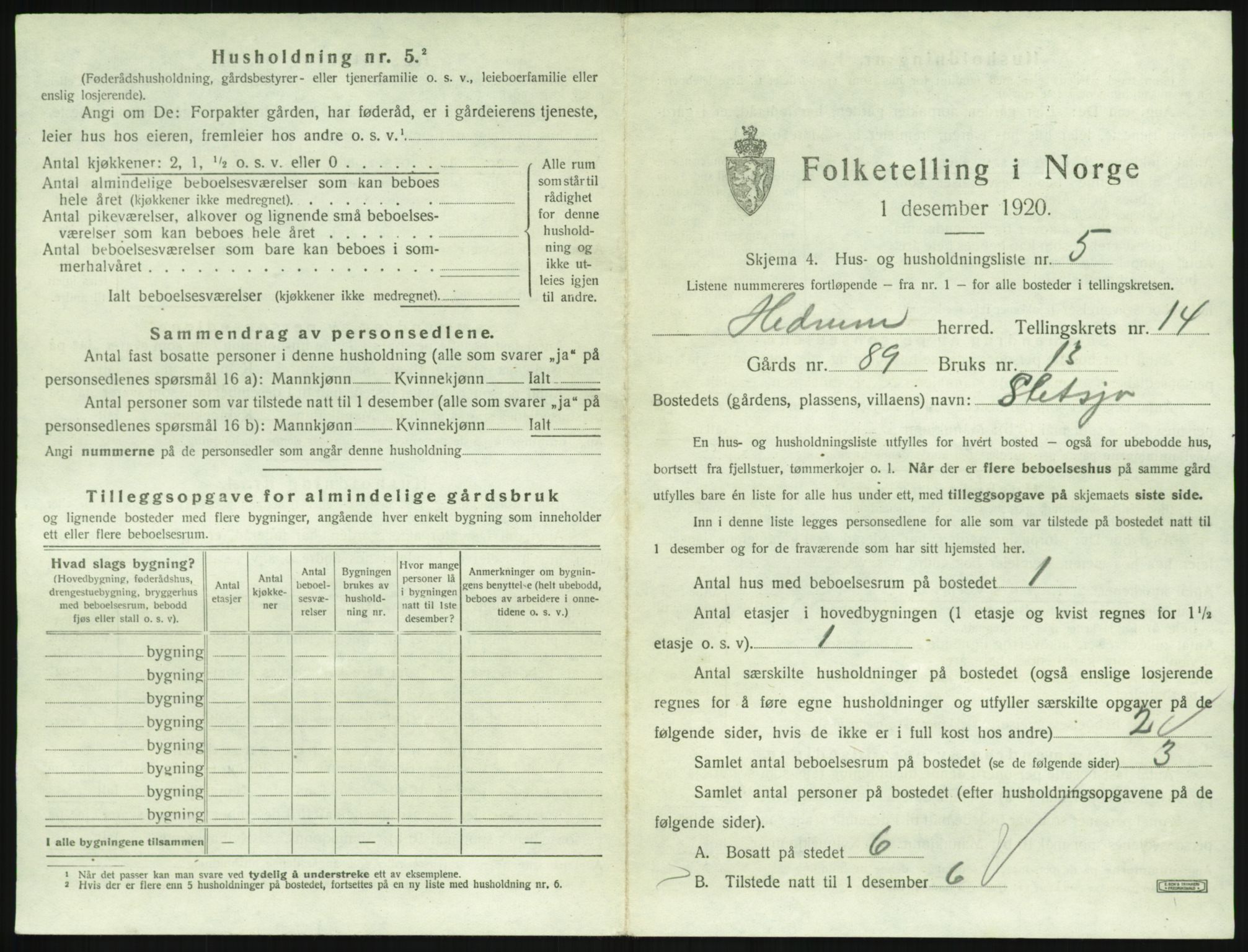 SAKO, 1920 census for Hedrum, 1920, p. 1265
