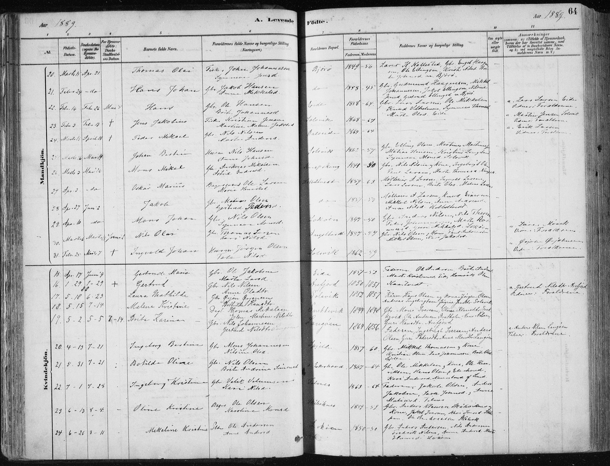 Fjell sokneprestembete, SAB/A-75301/H/Haa: Parish register (official) no. A  8, 1878-1898, p. 64
