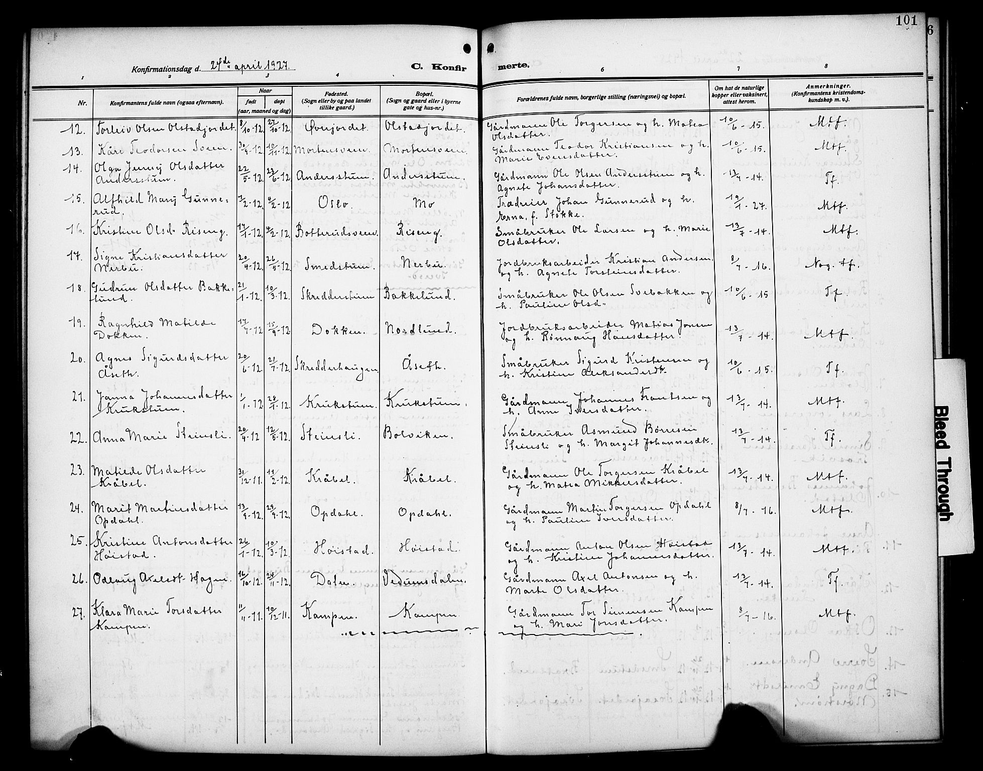 Øyer prestekontor, AV/SAH-PREST-084/H/Ha/Hab/L0007: Parish register (copy) no. 7, 1913-1928, p. 101