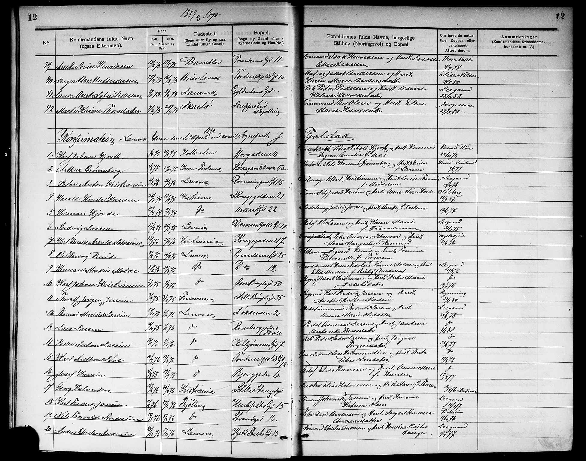 Larvik kirkebøker, SAKO/A-352/G/Ga/L0006: Parish register (copy) no. I 6, 1888-1917, p. 12