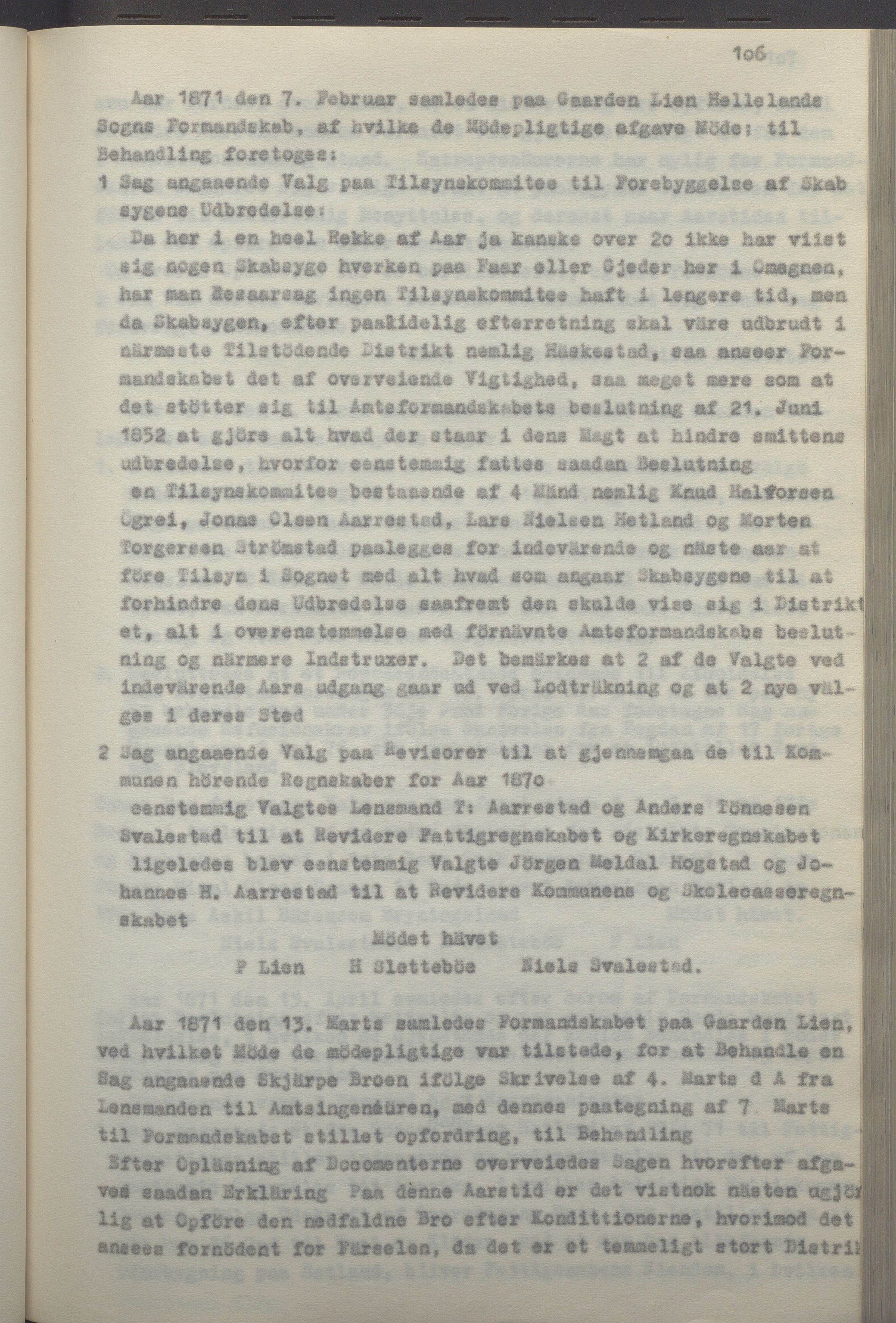 Helleland kommune - Formannskapet, IKAR/K-100479/A/Ab/L0002: Avskrift av møtebok, 1866-1887, p. 106