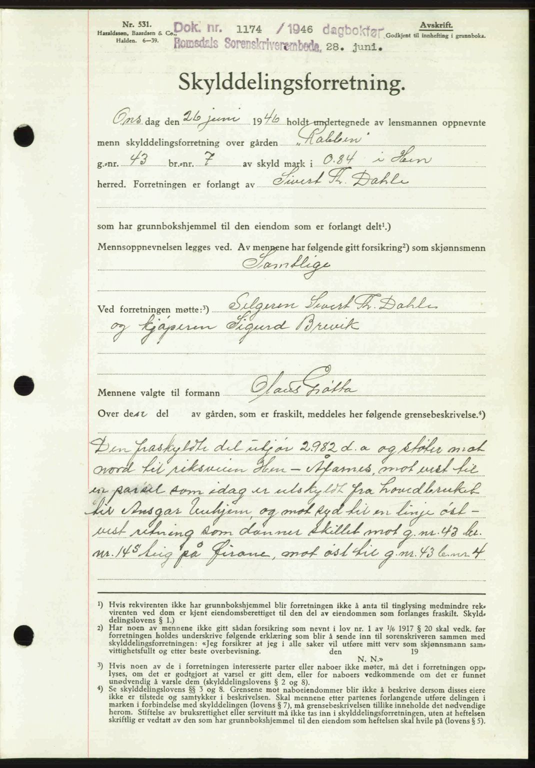 Romsdal sorenskriveri, AV/SAT-A-4149/1/2/2C: Mortgage book no. A20, 1946-1946, Diary no: : 1174/1946