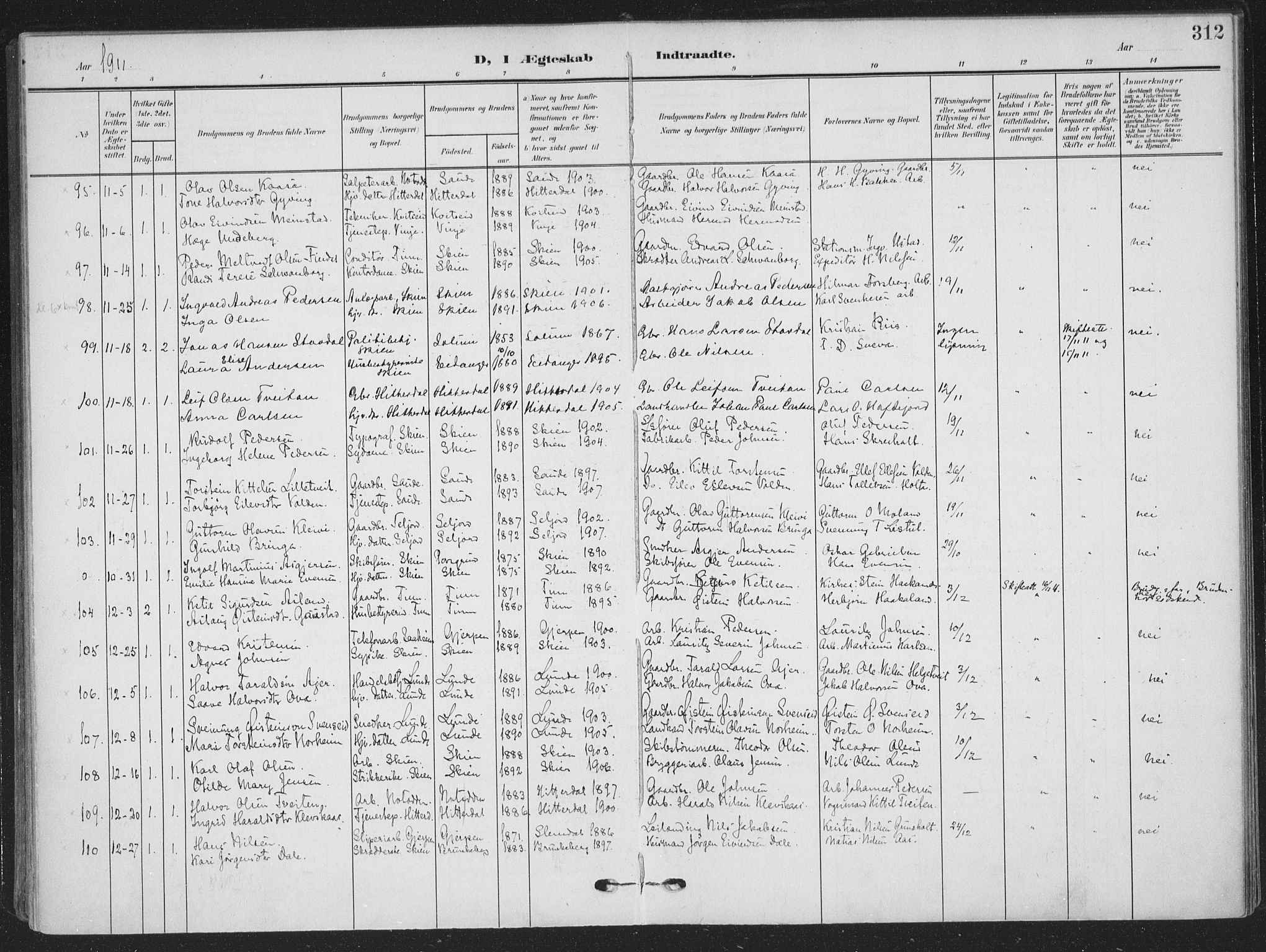 Skien kirkebøker, SAKO/A-302/F/Fa/L0012: Parish register (official) no. 12, 1908-1914, p. 312