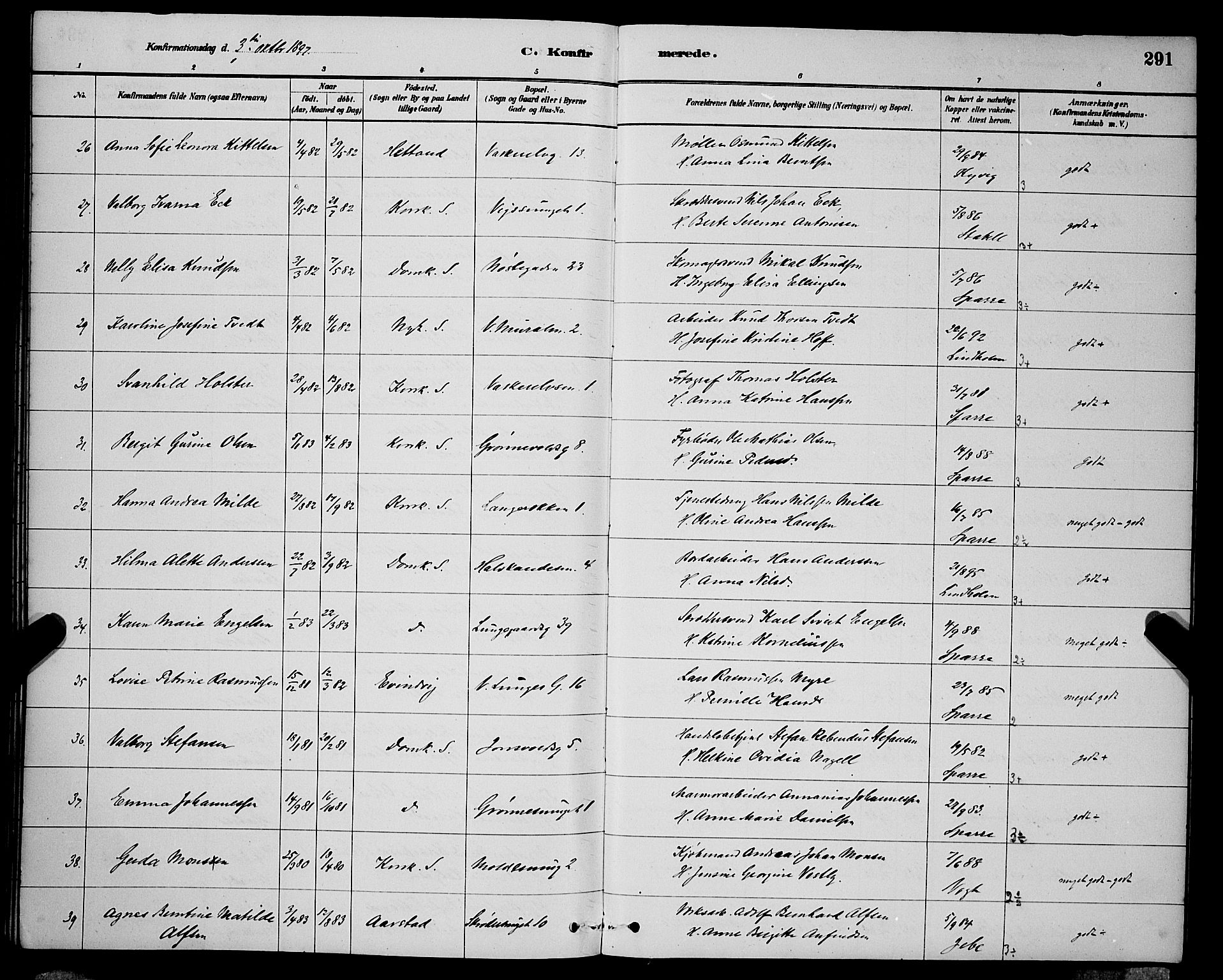 Domkirken sokneprestembete, SAB/A-74801/H/Hab/L0024: Parish register (copy) no. C 4, 1880-1899, p. 291