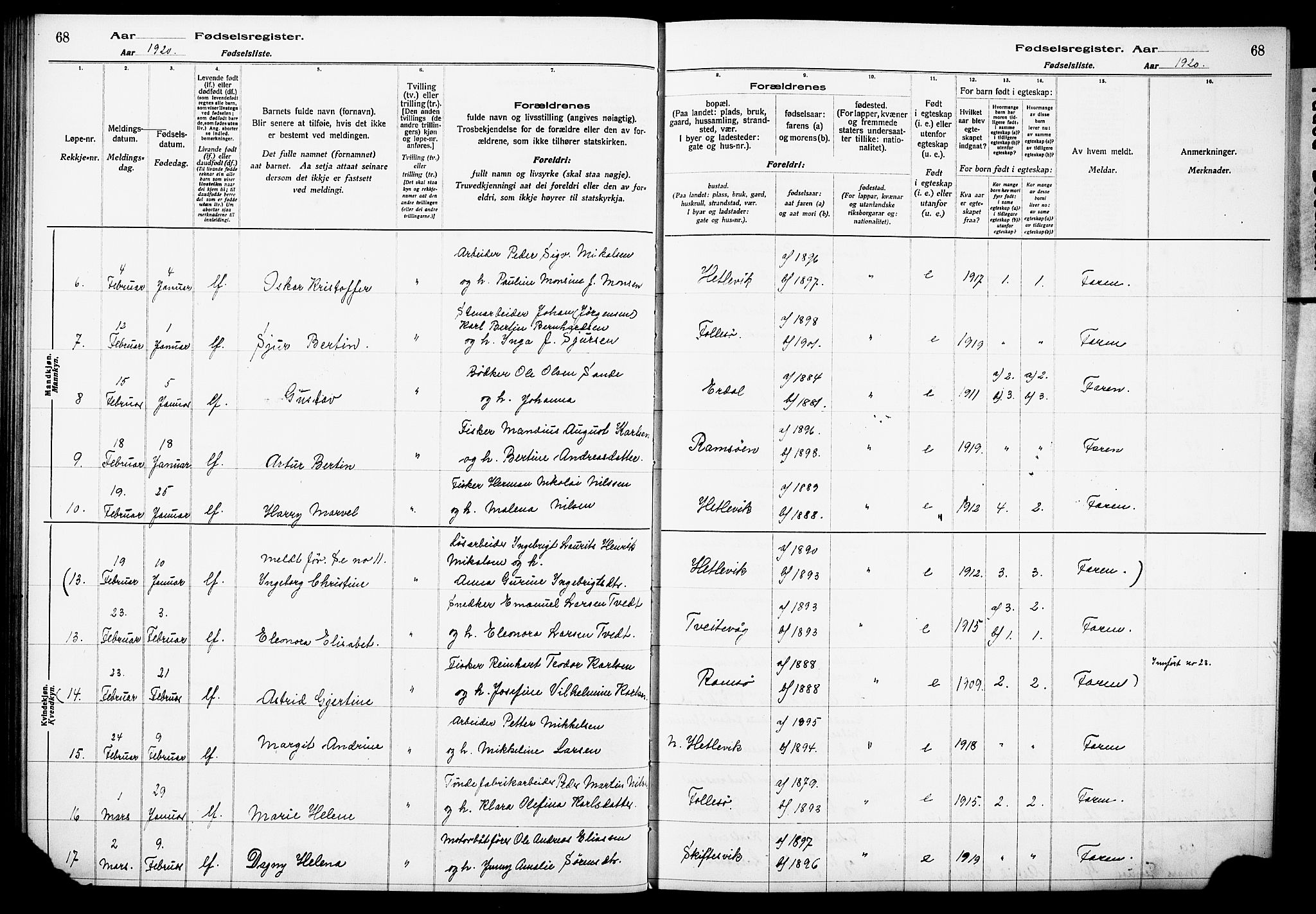 Askøy Sokneprestembete, SAB/A-74101/I/Id/L00A1: Birth register no. A 1, 1916-1928, p. 68