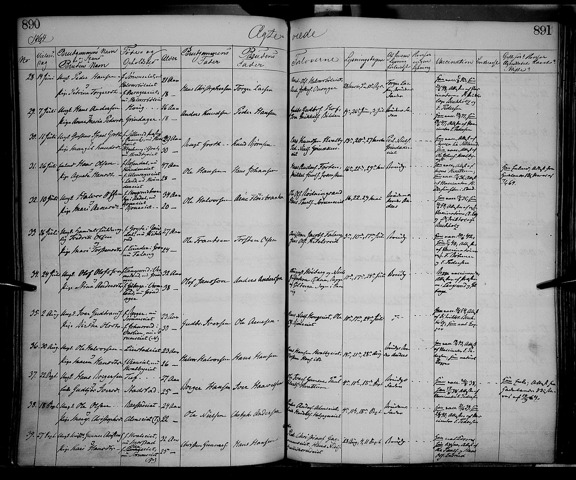 Gran prestekontor, AV/SAH-PREST-112/H/Ha/Haa/L0012: Parish register (official) no. 12, 1856-1874, p. 890-891