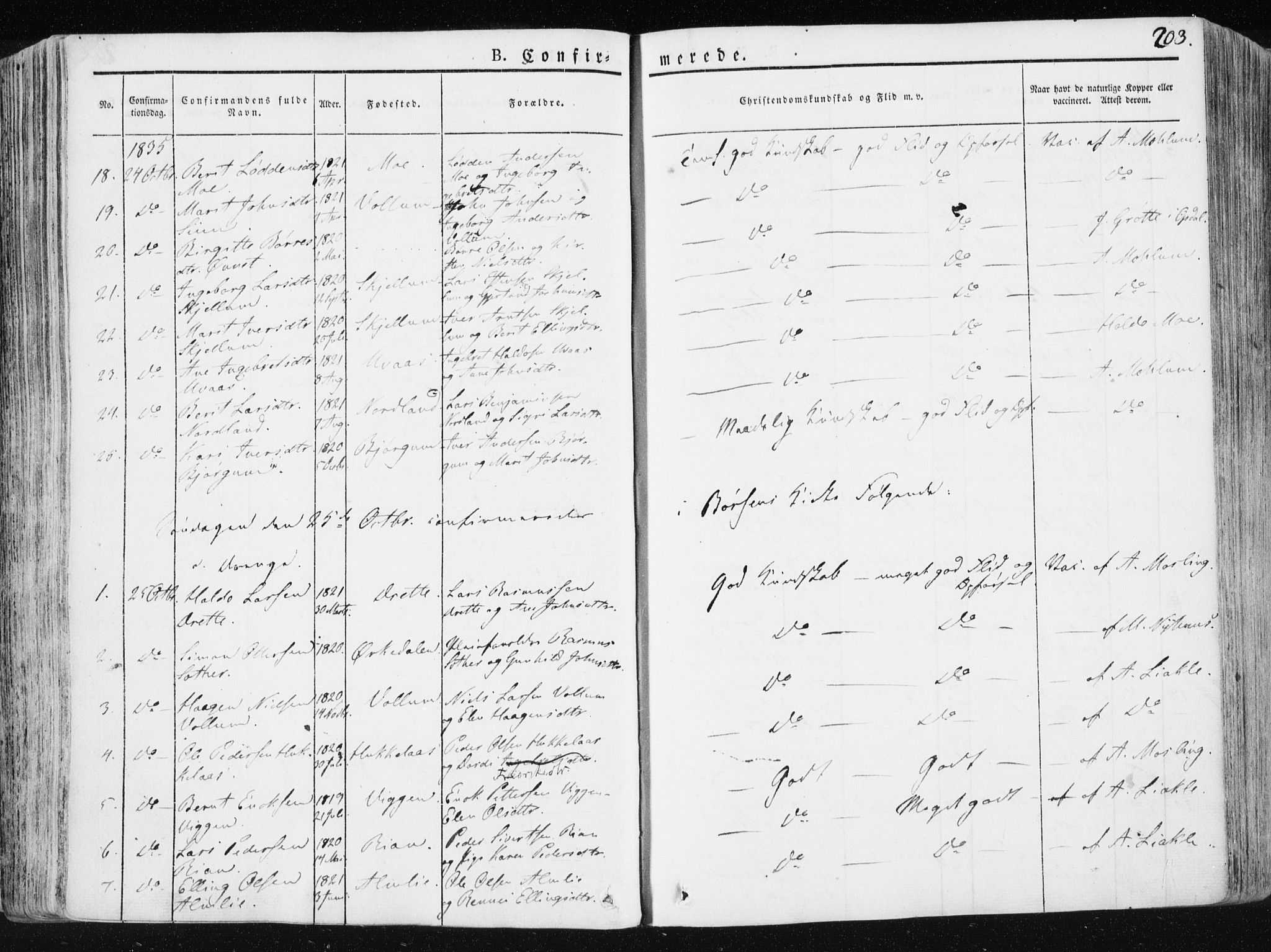 Ministerialprotokoller, klokkerbøker og fødselsregistre - Sør-Trøndelag, AV/SAT-A-1456/665/L0771: Parish register (official) no. 665A06, 1830-1856, p. 203