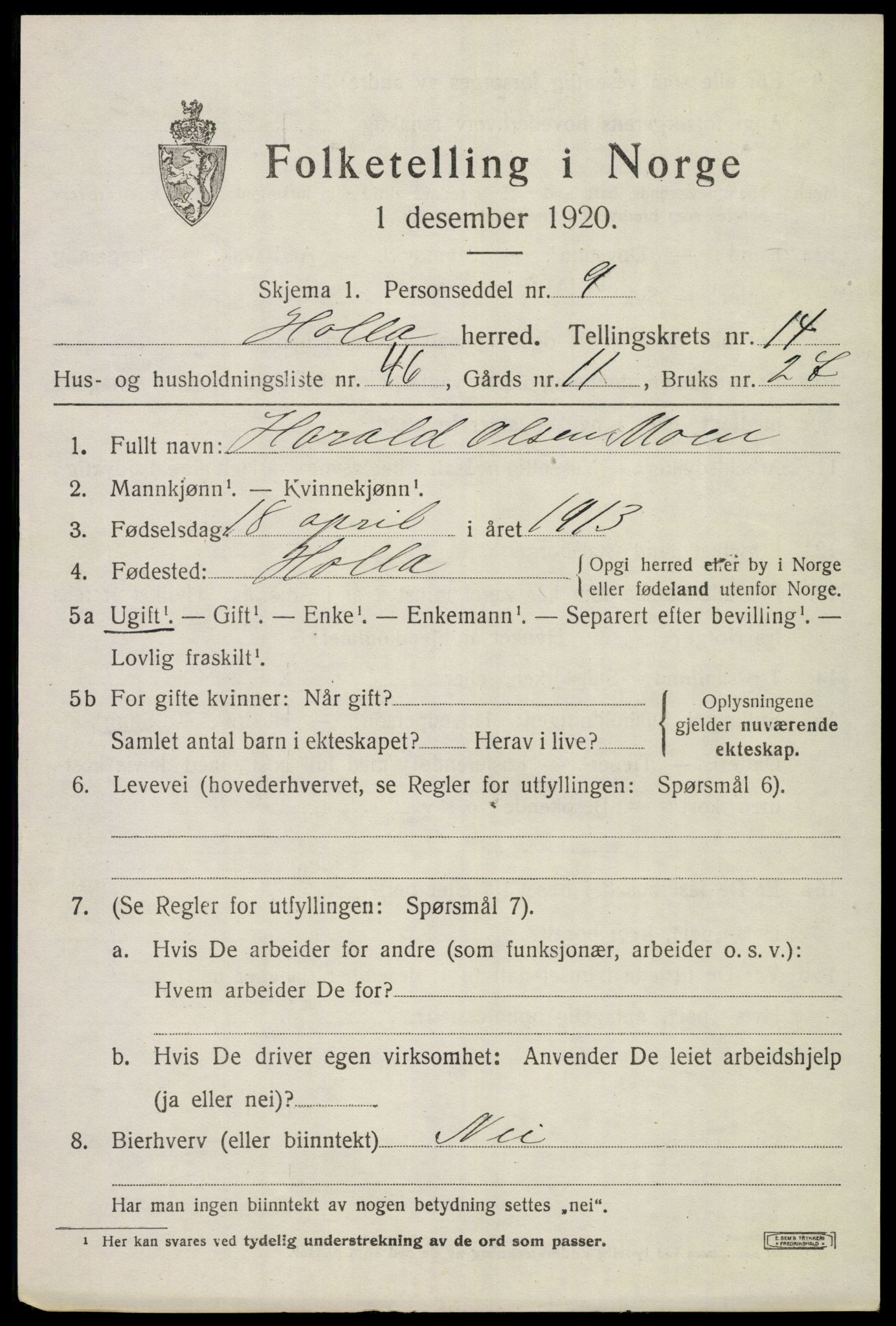 SAKO, 1920 census for Holla, 1920, p. 8457
