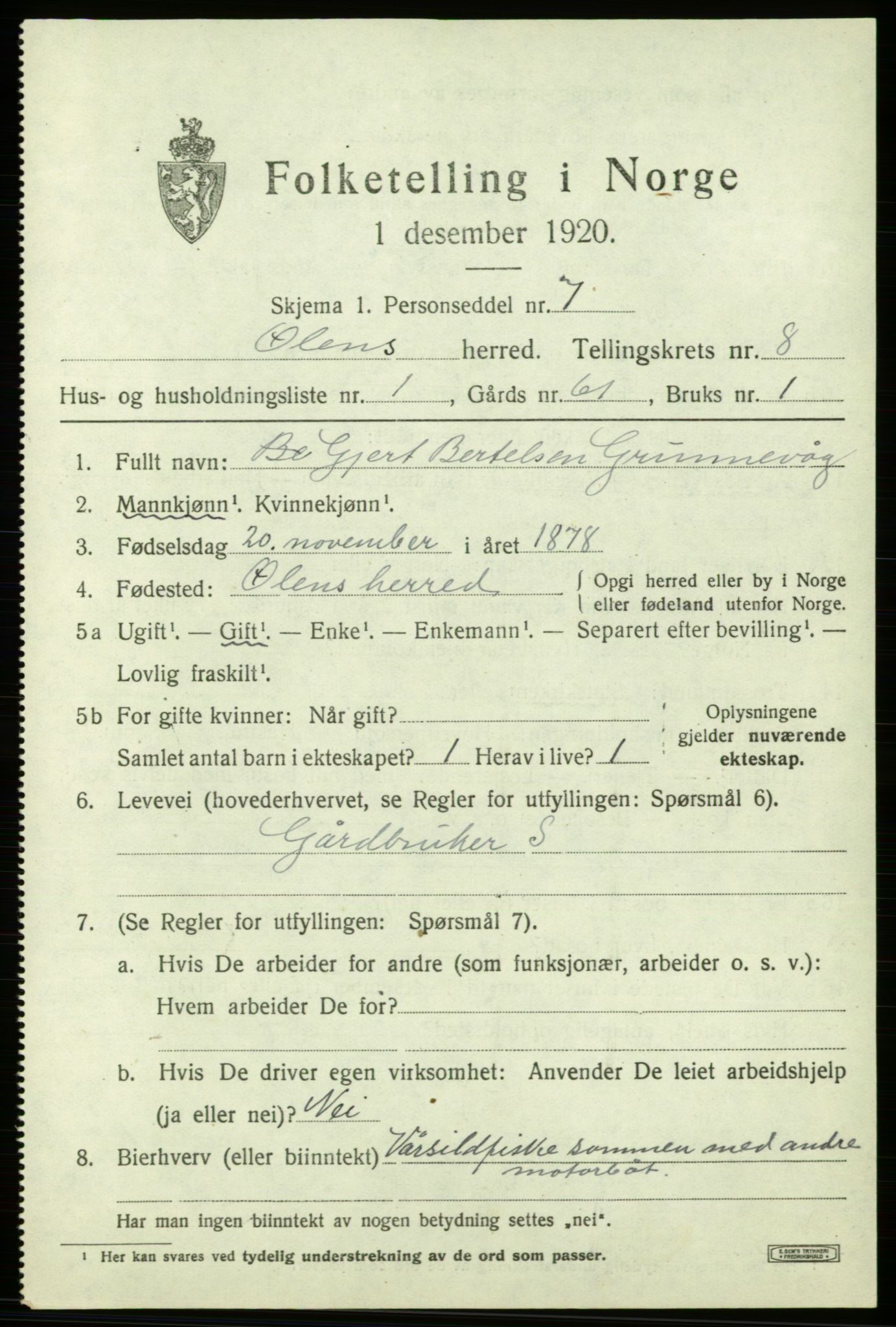 SAB, 1920 census for Ølen, 1920, p. 3407