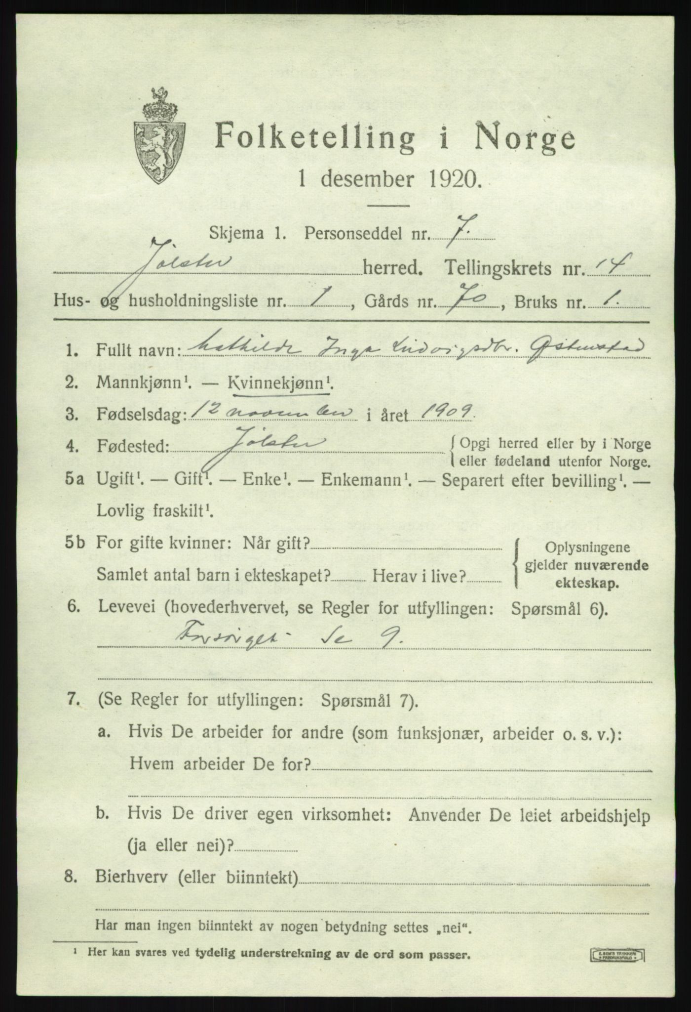 SAB, 1920 census for Jølster, 1920, p. 6466