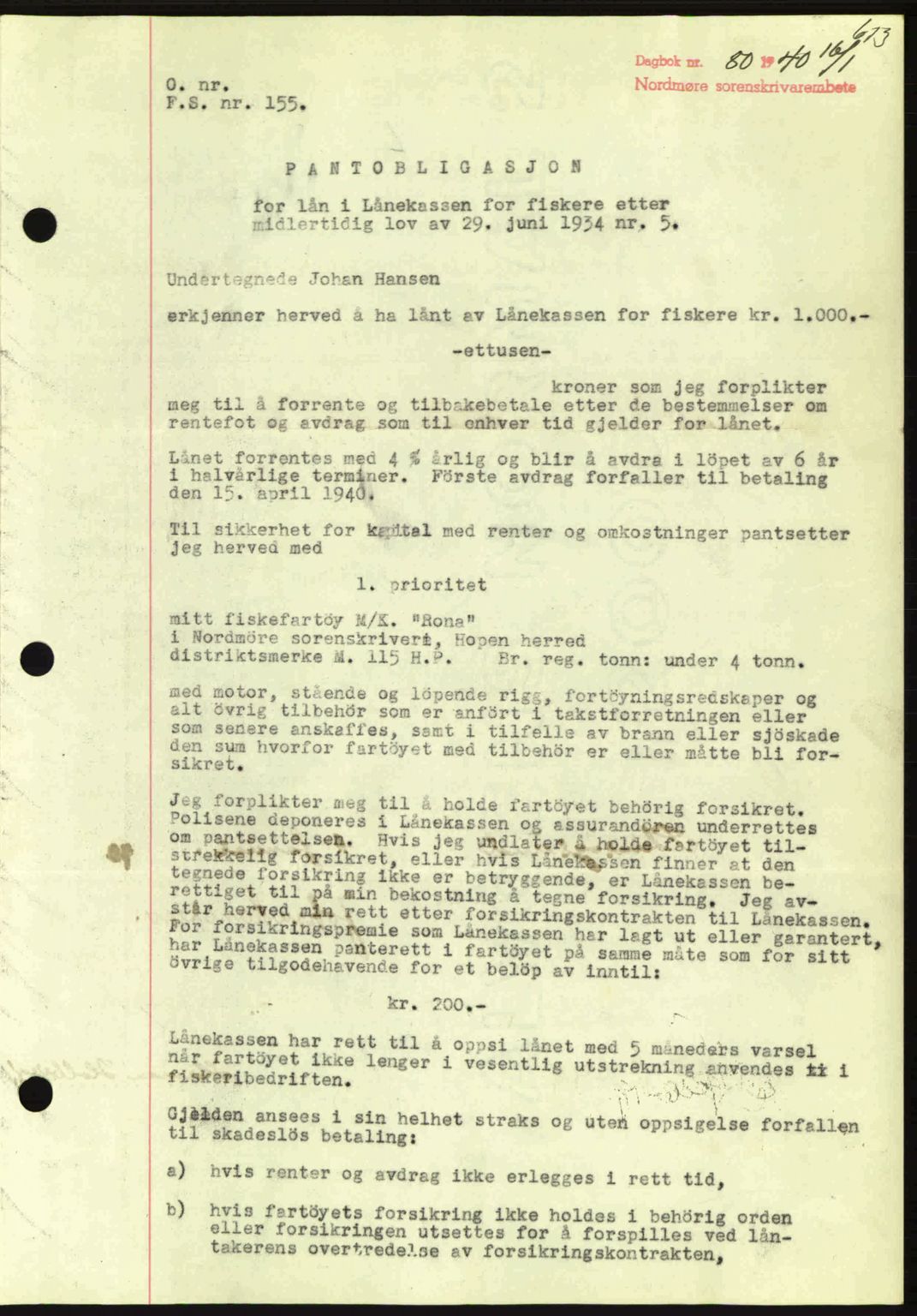 Nordmøre sorenskriveri, AV/SAT-A-4132/1/2/2Ca: Mortgage book no. B86, 1939-1940, Diary no: : 80/1940