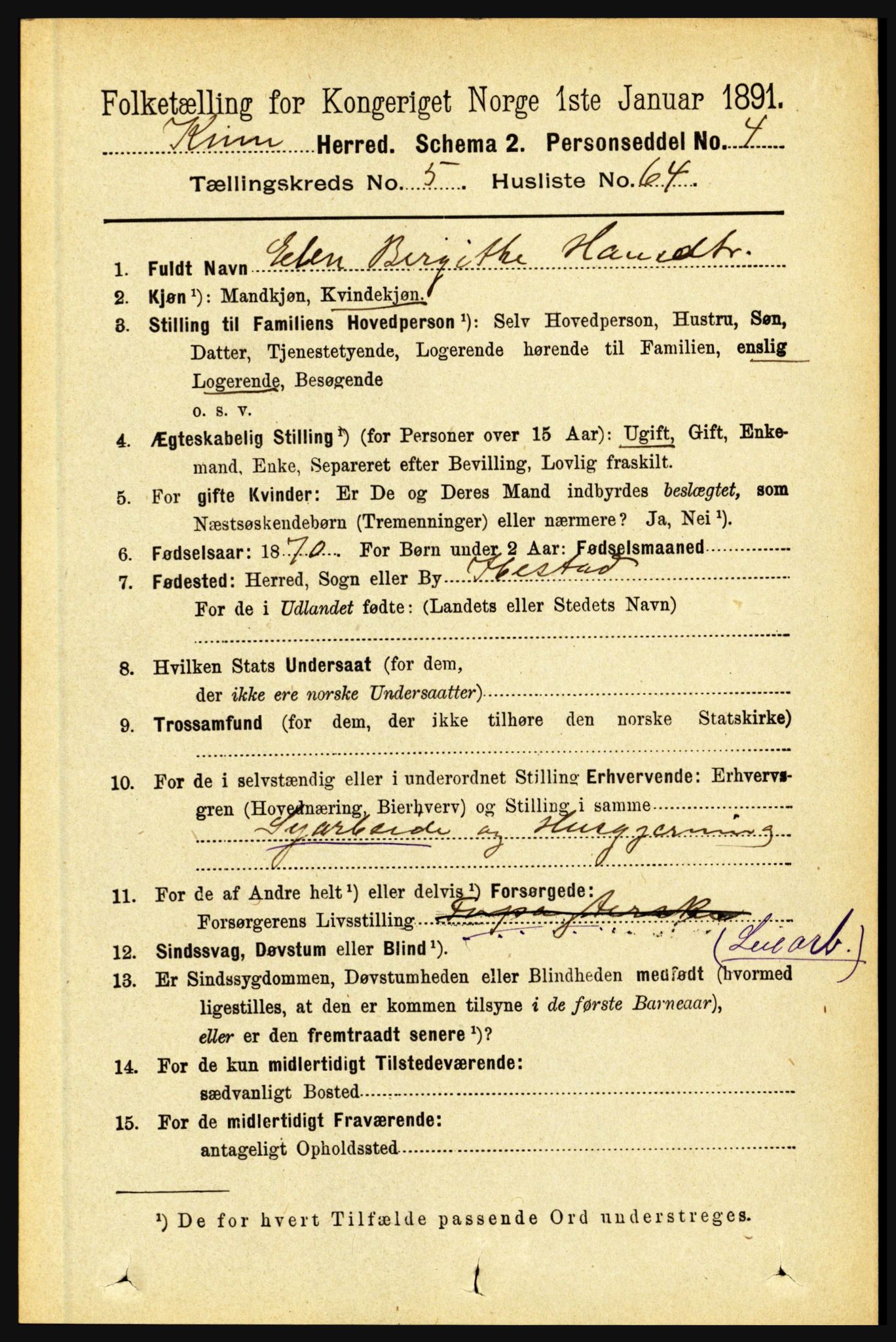 RA, 1891 census for 1437 Kinn, 1891, p. 2162
