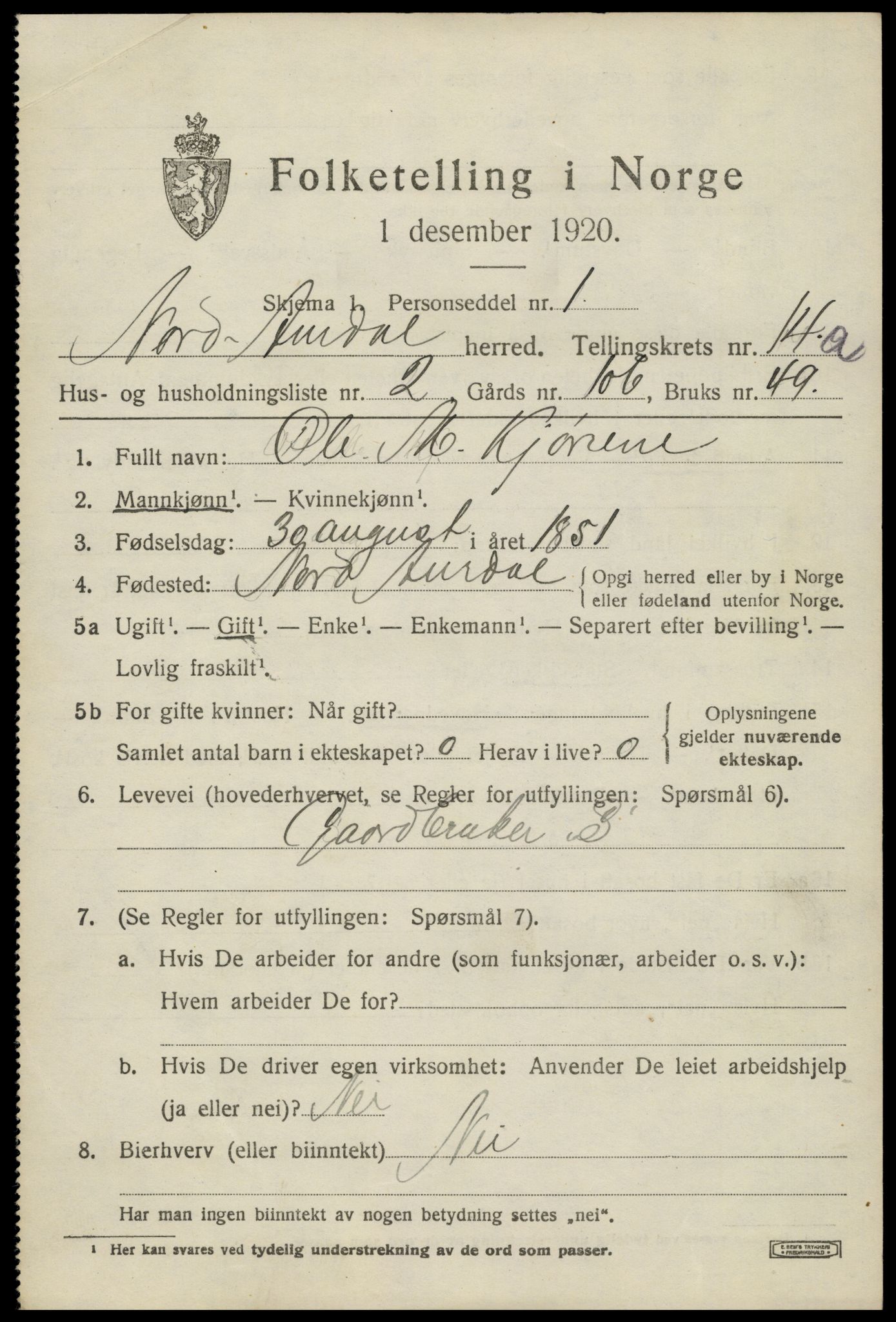 SAH, 1920 census for Nord-Aurdal, 1920, p. 10998