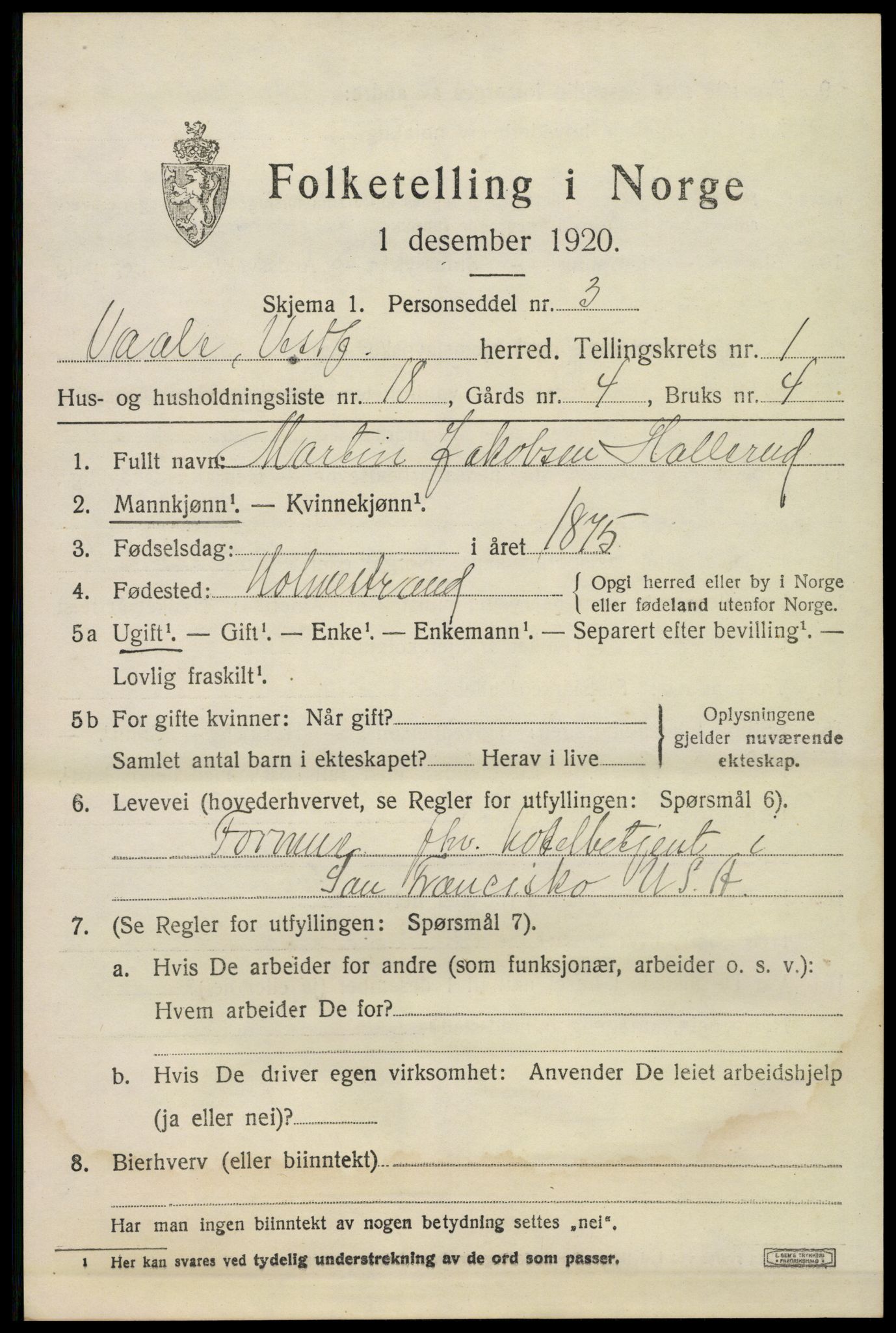 SAKO, 1920 census for Våle, 1920, p. 1278