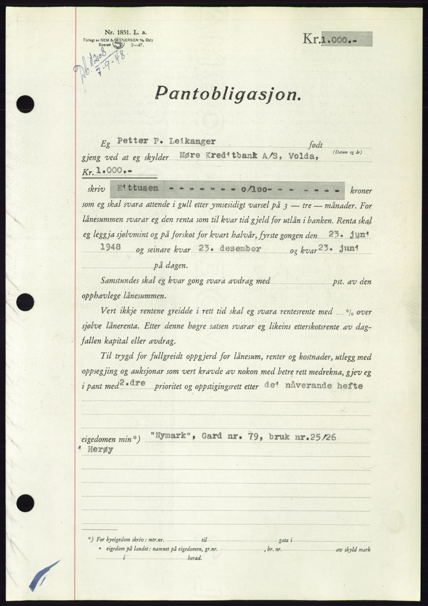 Søre Sunnmøre sorenskriveri, AV/SAT-A-4122/1/2/2C/L0116: Mortgage book no. 4B, 1948-1949, Diary no: : 1208/1948