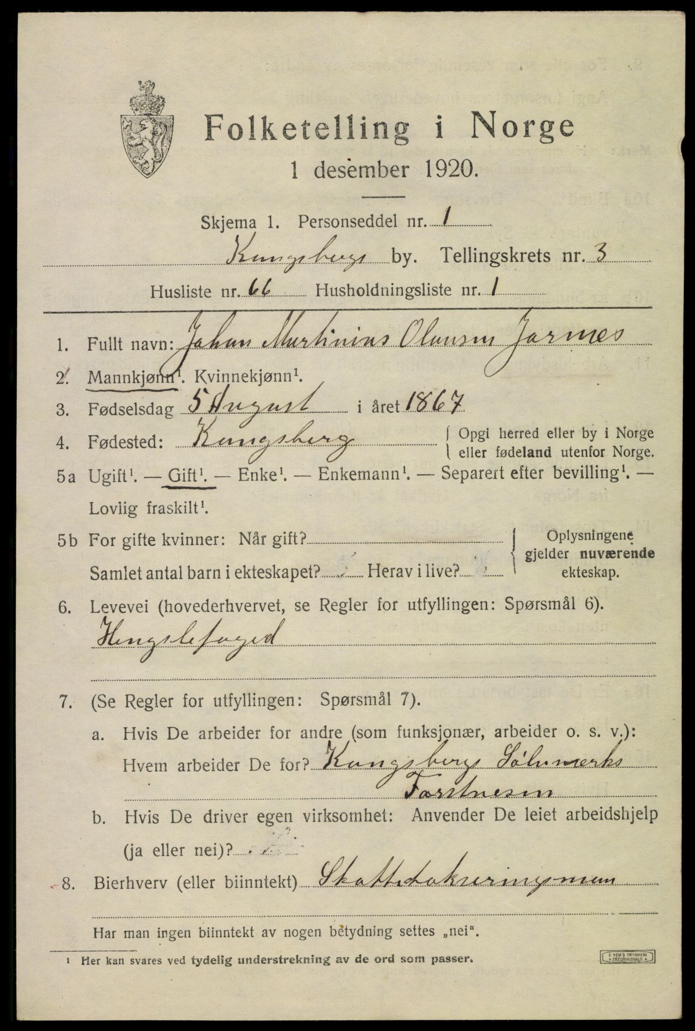 SAKO, 1920 census for Kongsberg, 1920, p. 10958