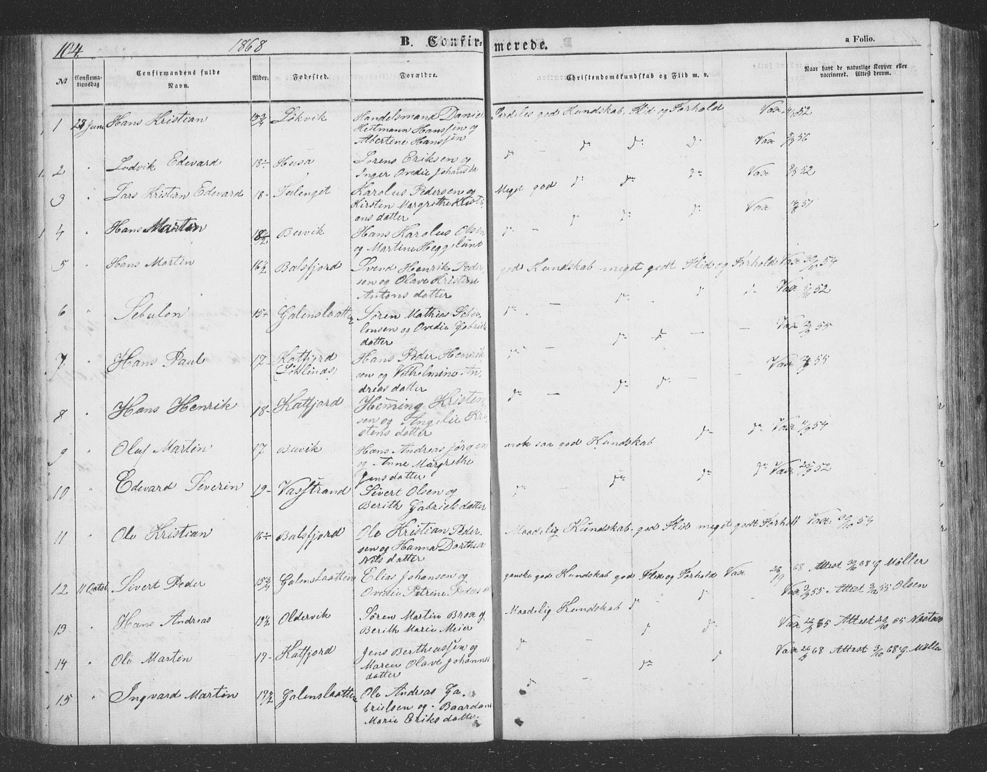Lenvik sokneprestembete, SATØ/S-1310/H/Ha/Hab/L0020klokker: Parish register (copy) no. 20, 1855-1883, p. 104