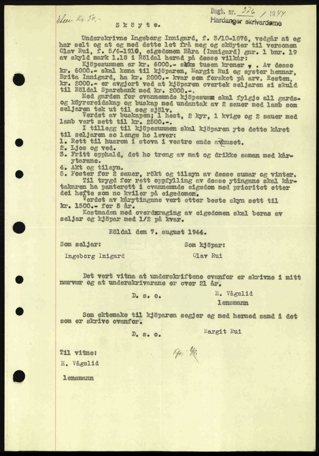 Hardanger sorenskriver, AV/SAB-A-2101/G/Ge/Gec/L0010: Mortgage book no. A10, 1943-1944, Diary no: : 376/1944