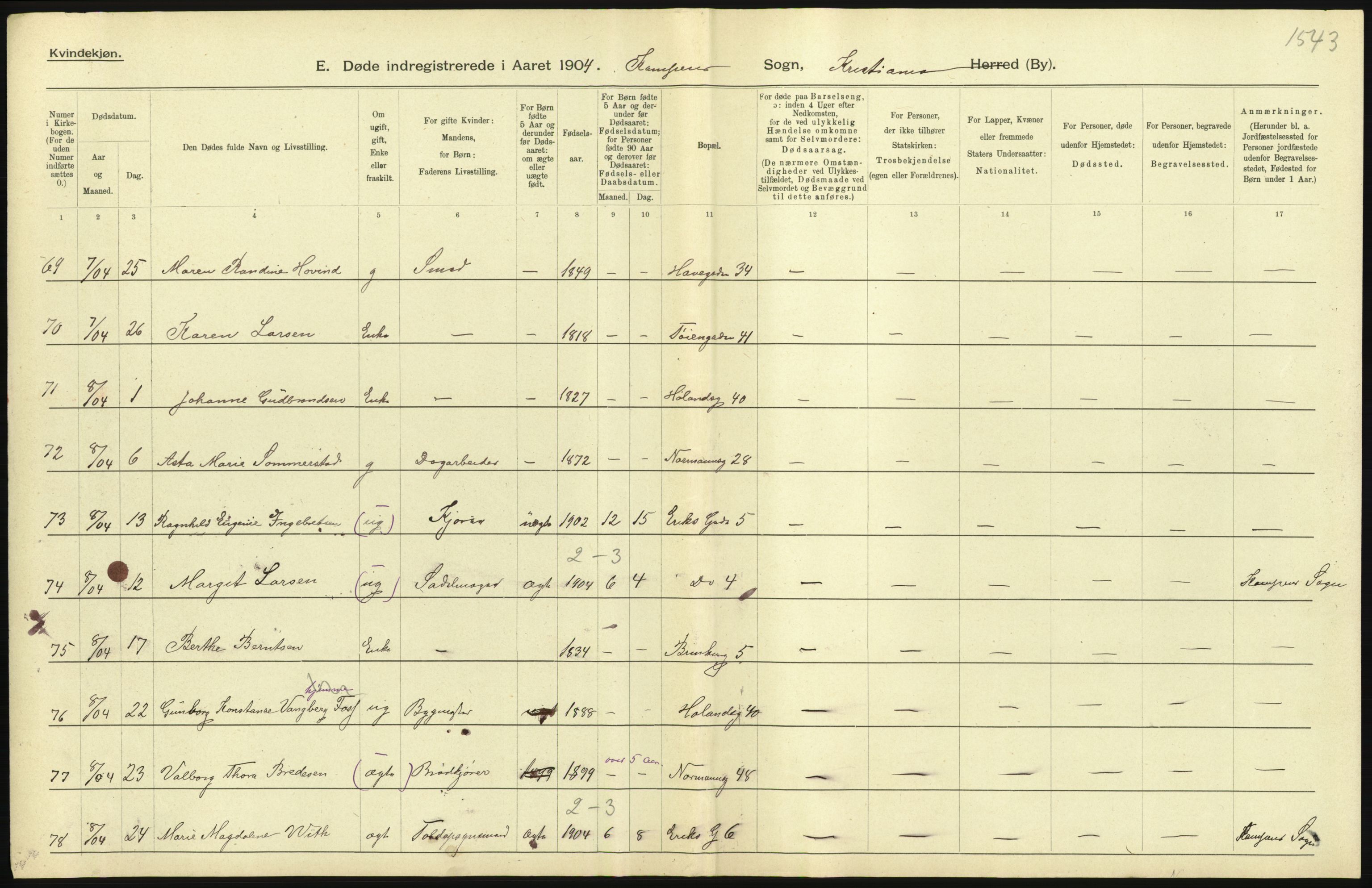 Statistisk sentralbyrå, Sosiodemografiske emner, Befolkning, AV/RA-S-2228/D/Df/Dfa/Dfab/L0004: Kristiania: Gifte, døde, 1904, p. 519