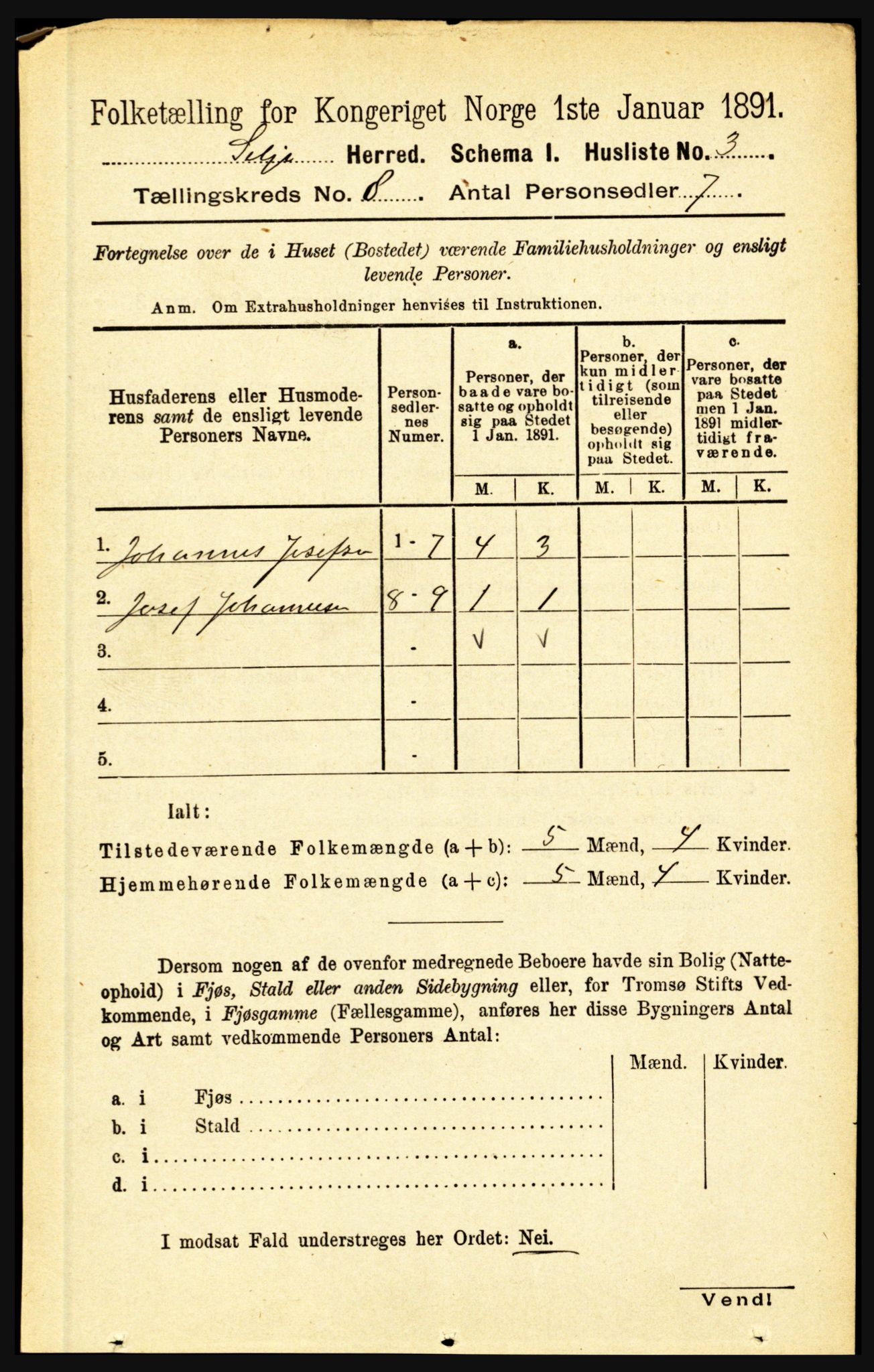 RA, 1891 census for 1441 Selje, 1891, p. 2323