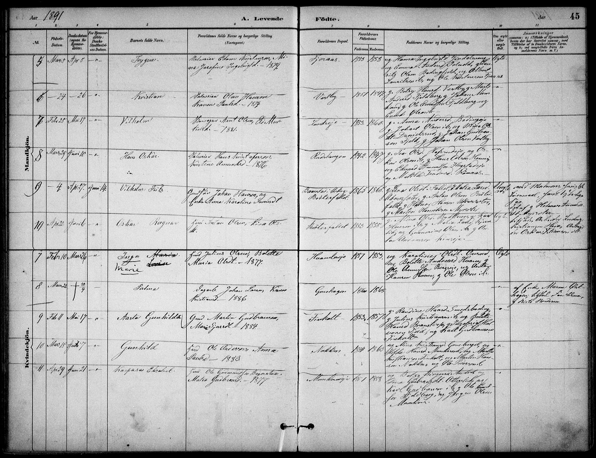 Nes prestekontor Kirkebøker, AV/SAO-A-10410/F/Fc/L0002: Parish register (official) no. IIi 2, 1882-1916, p. 45