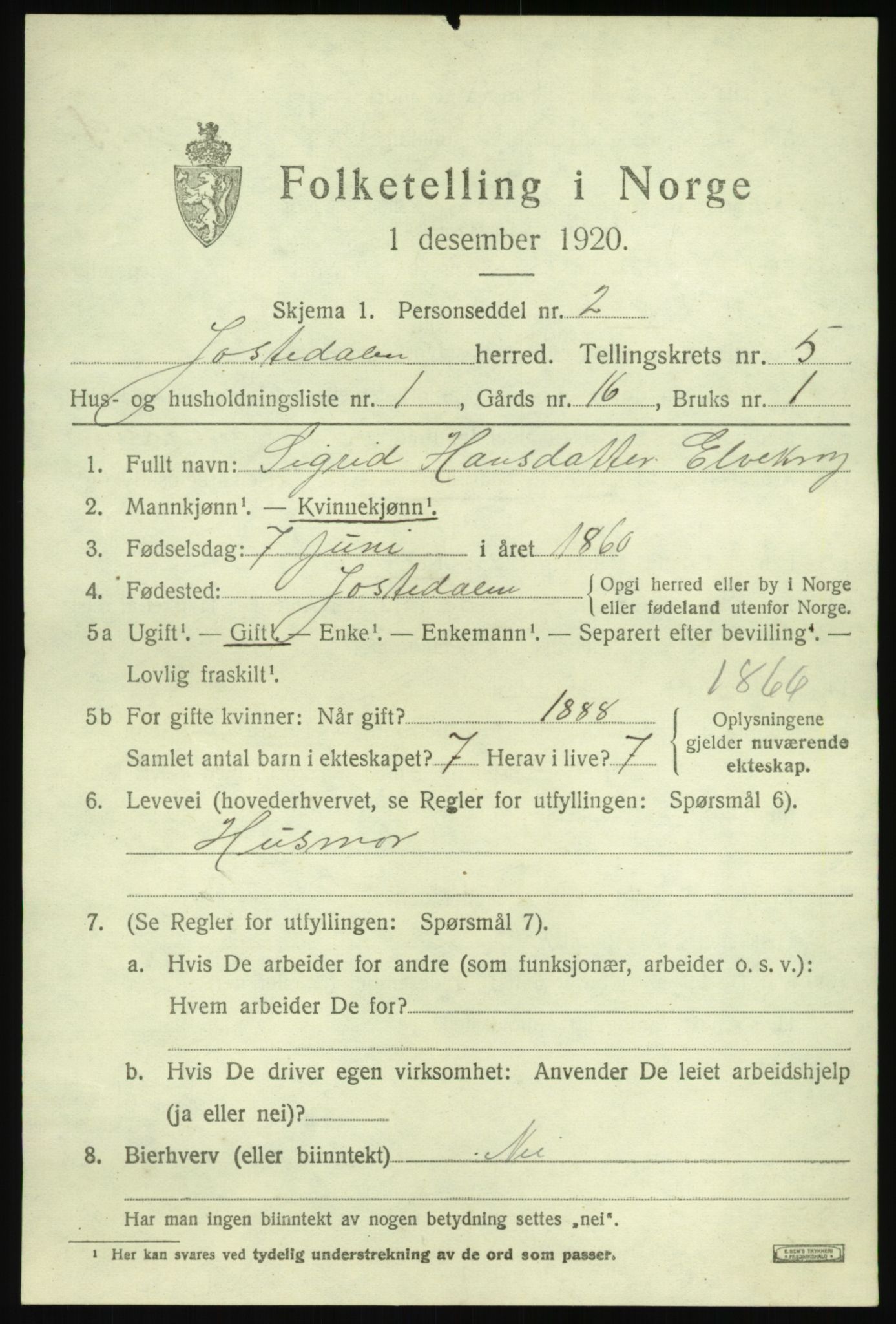 SAB, 1920 census for Jostedal, 1920, p. 1906