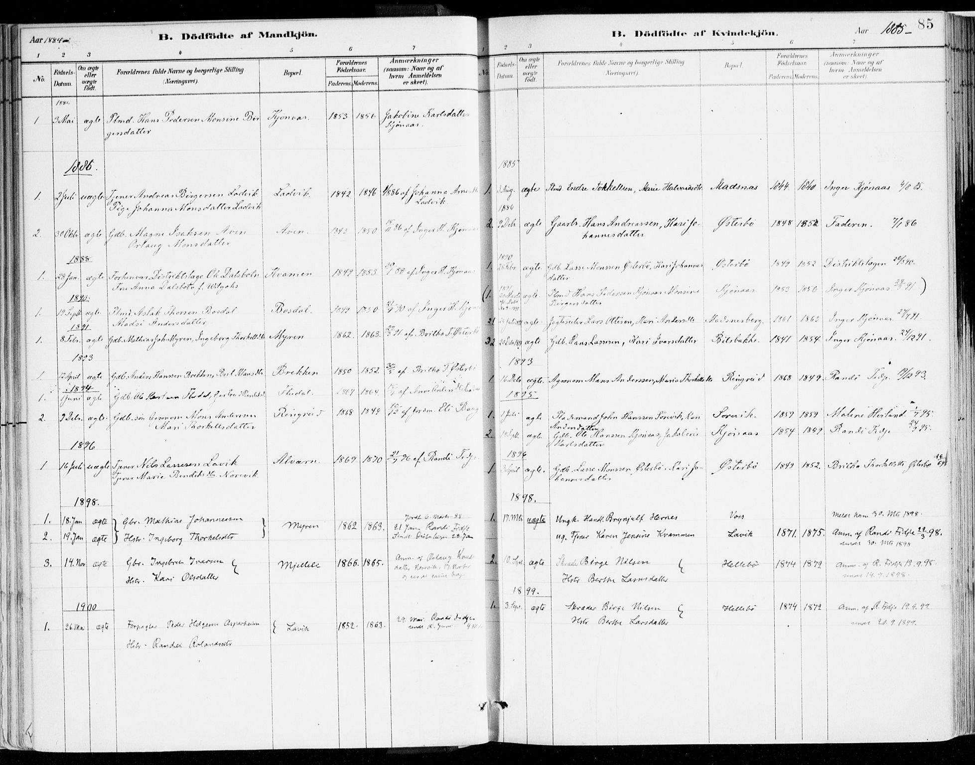 Lavik sokneprestembete, AV/SAB-A-80901: Parish register (official) no. B 1, 1882-1908, p. 85