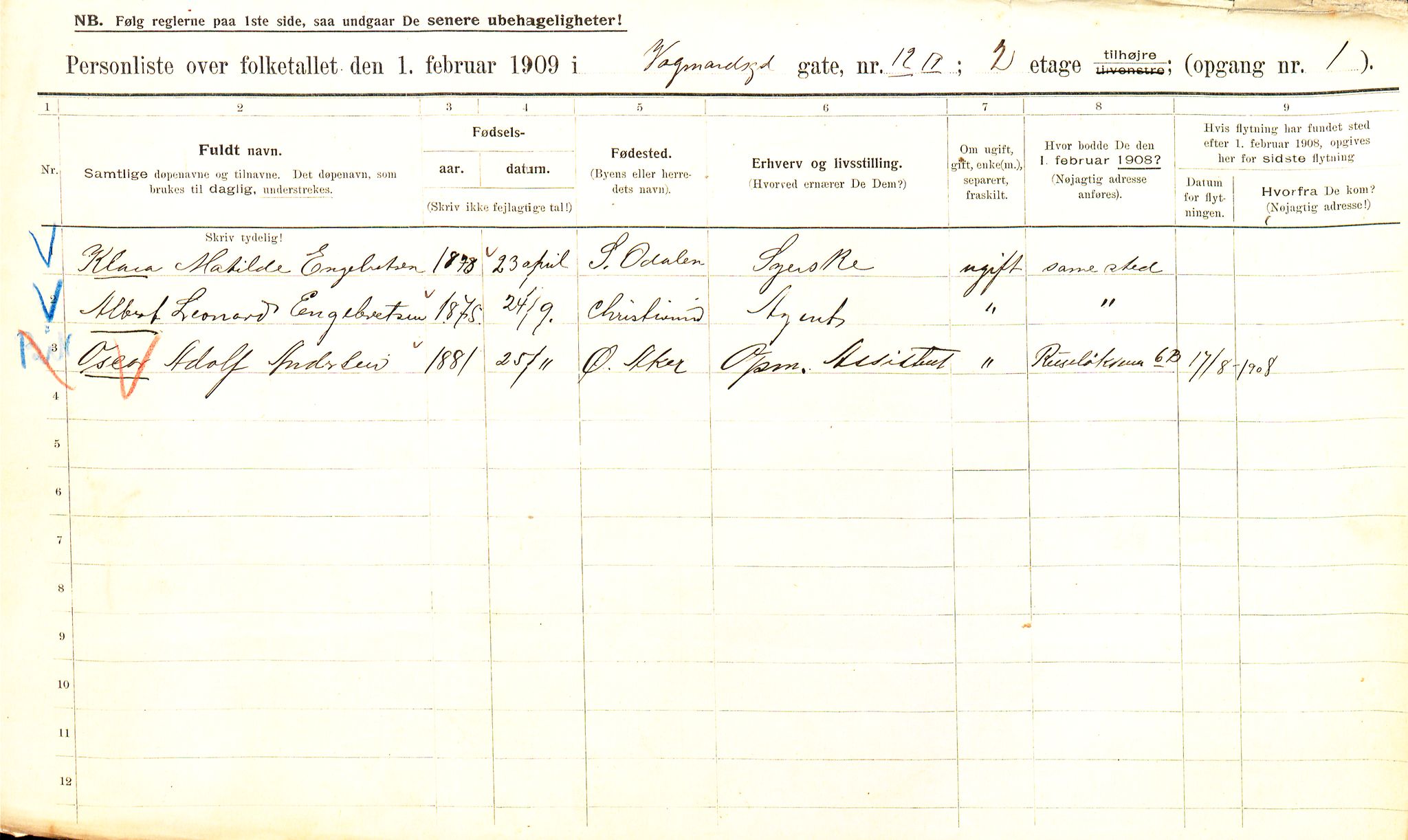 OBA, Municipal Census 1909 for Kristiania, 1909, p. 112642