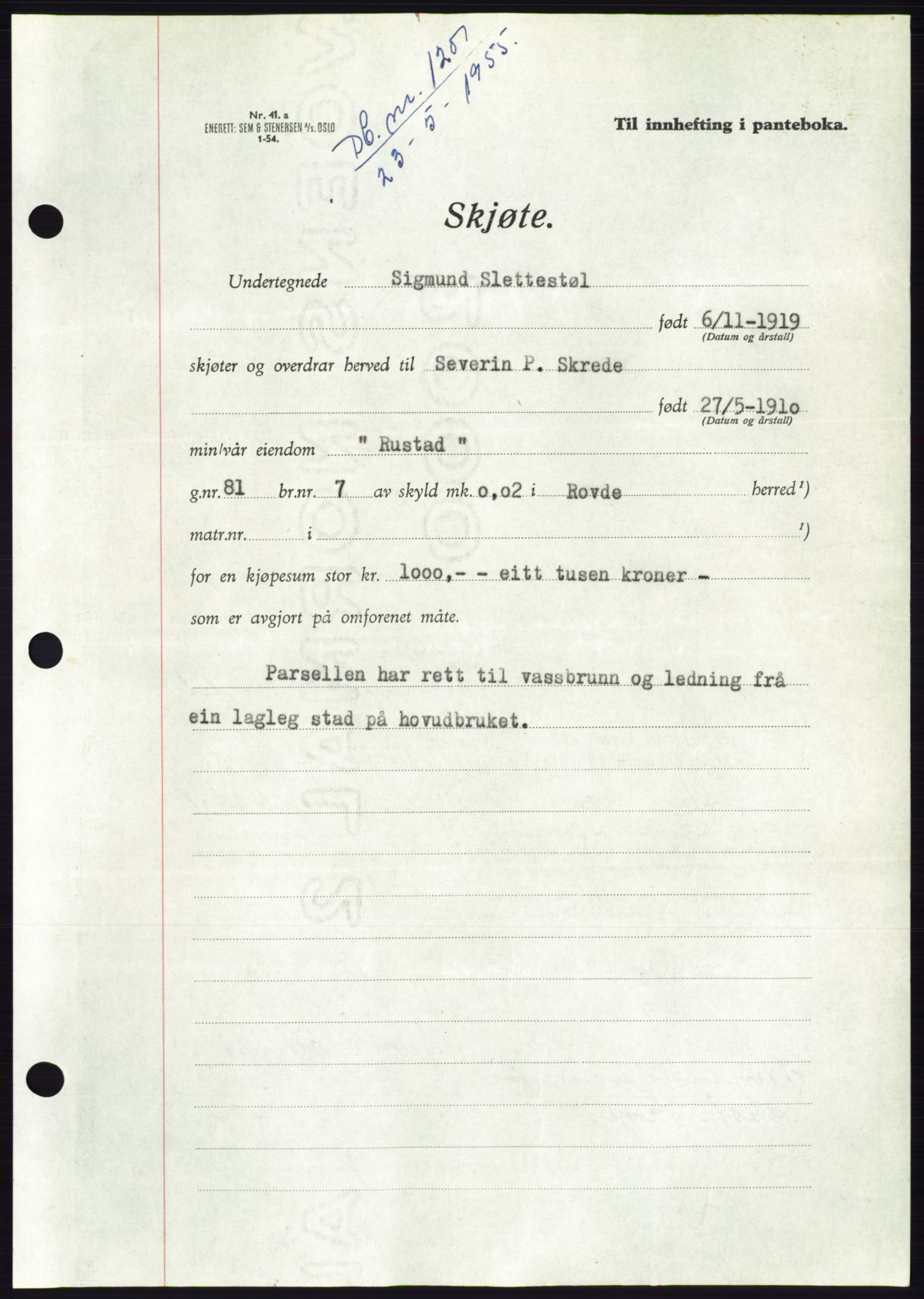 Søre Sunnmøre sorenskriveri, AV/SAT-A-4122/1/2/2C/L0101: Mortgage book no. 27A, 1955-1955, Diary no: : 1207/1955