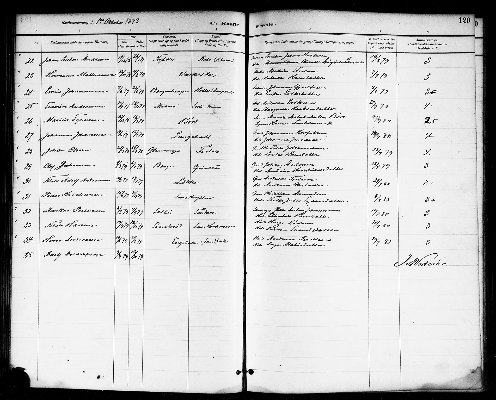 Skjeberg prestekontor Kirkebøker, AV/SAO-A-10923/F/Fa/L0009: Parish register (official) no. I 9, 1886-1897, p. 129