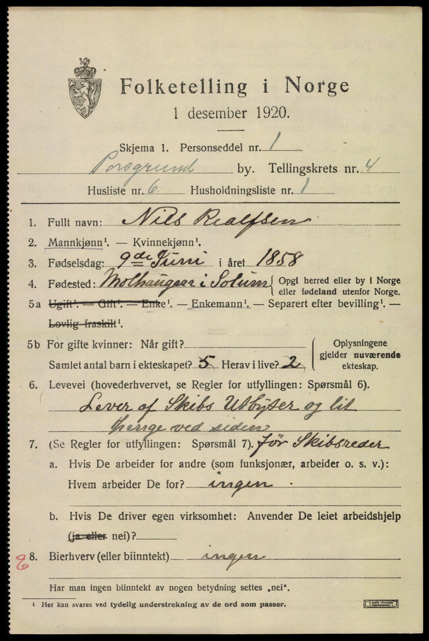 SAKO, 1920 census for Porsgrunn, 1920, p. 18925