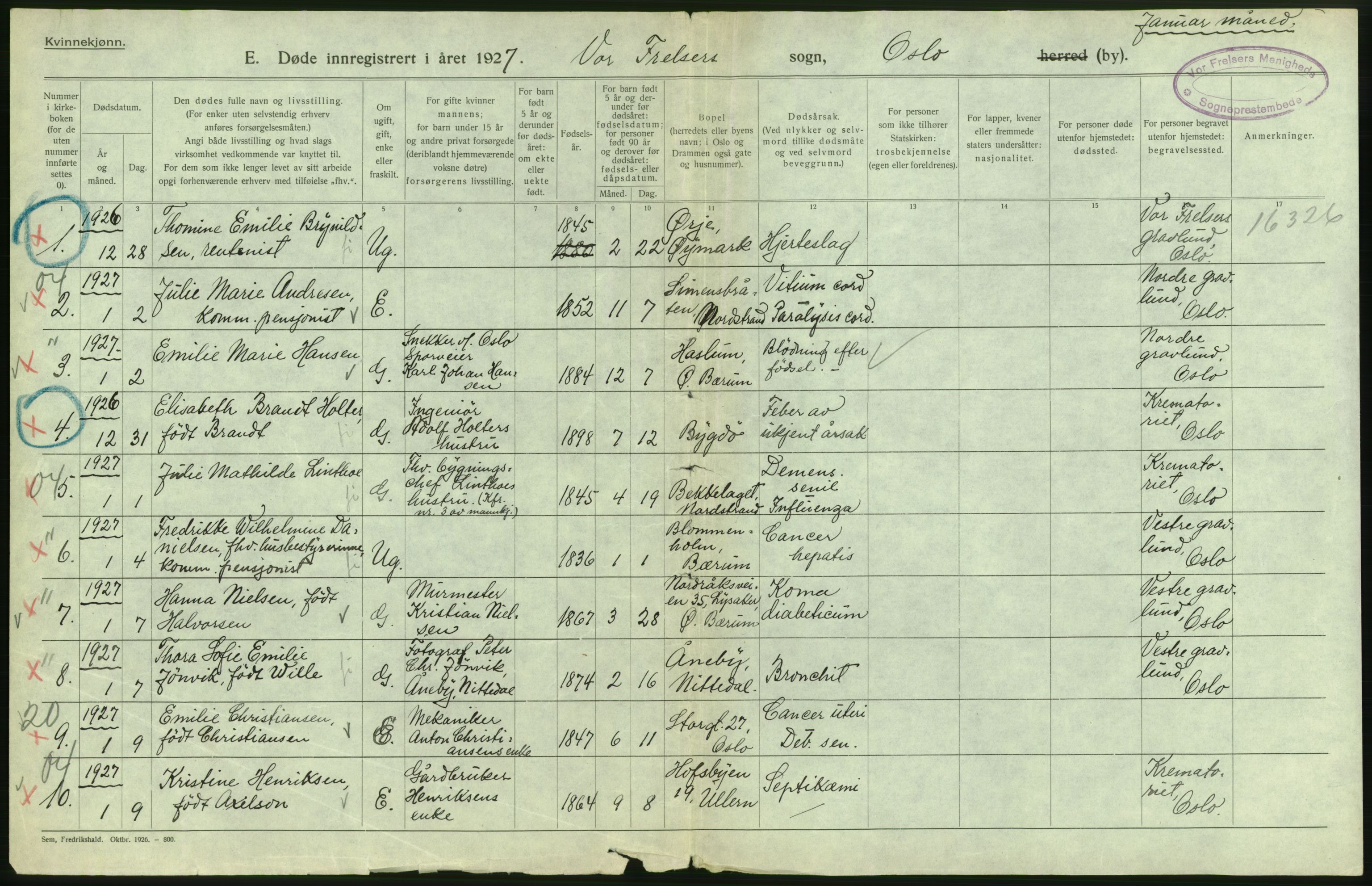 Statistisk sentralbyrå, Sosiodemografiske emner, Befolkning, AV/RA-S-2228/D/Df/Dfc/Dfcg/L0010: Oslo: Døde kvinner, dødfødte, 1927, p. 140