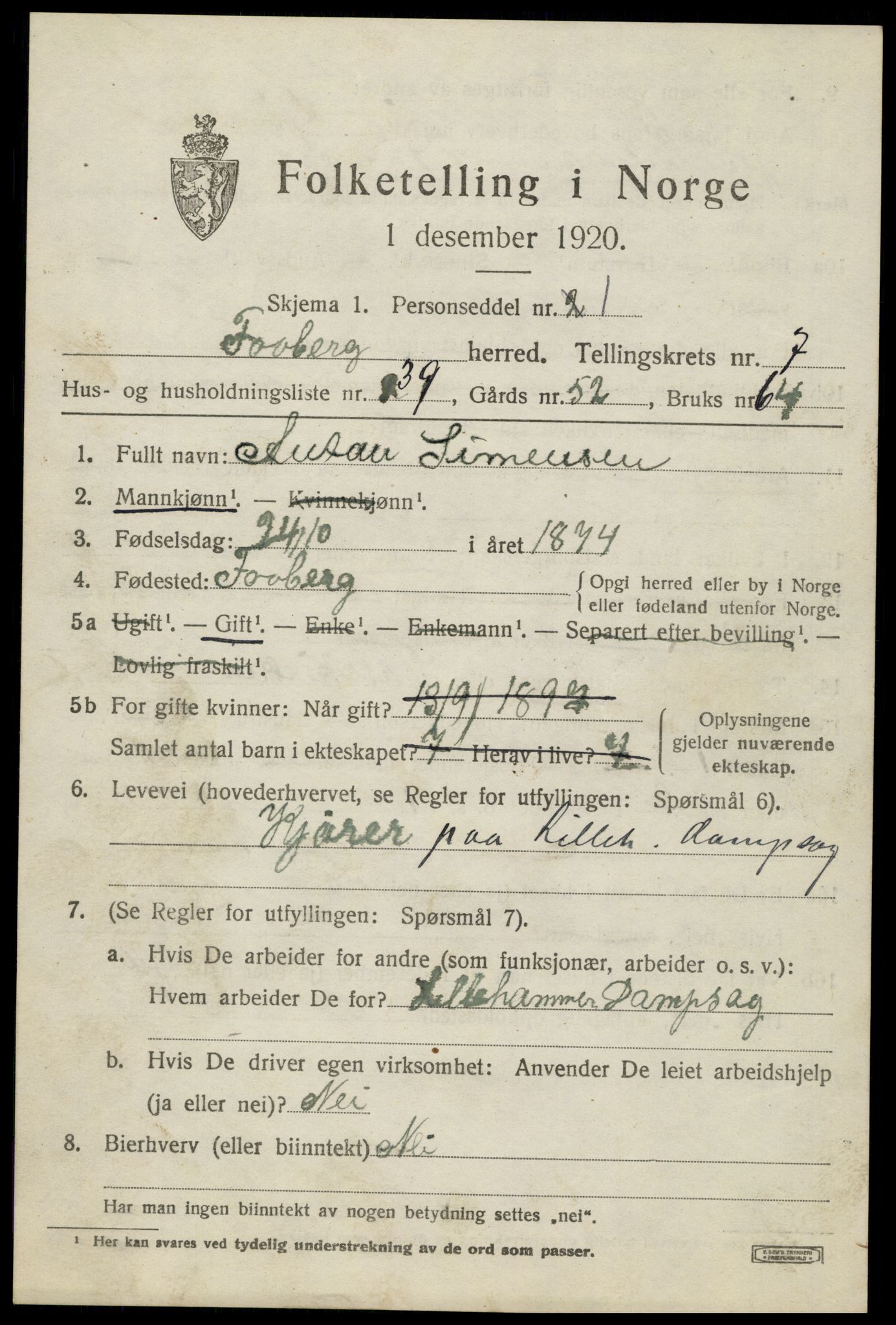 SAH, 1920 census for Fåberg, 1920, p. 8472
