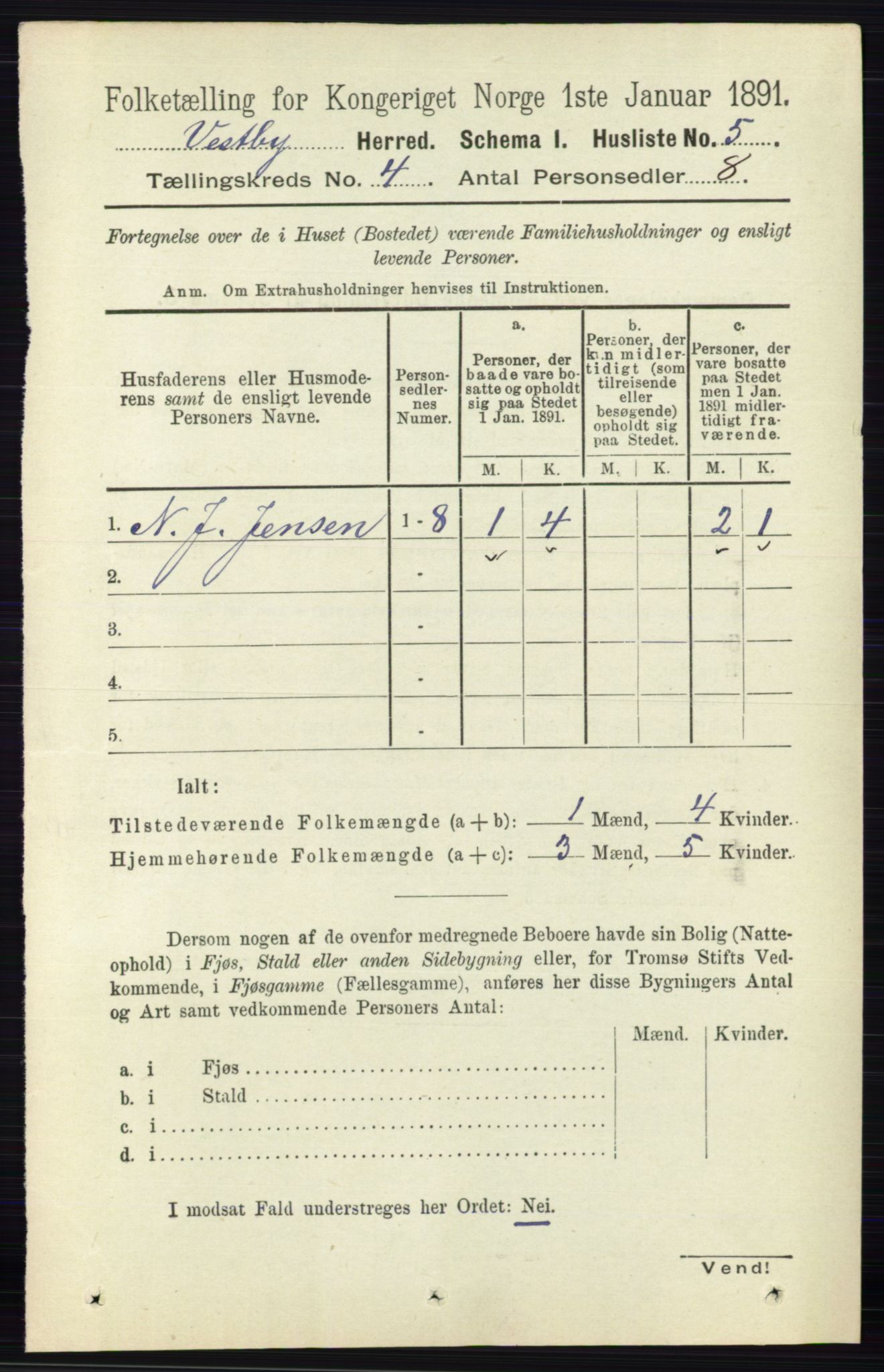 RA, 1891 census for 0211 Vestby, 1891, p. 1484