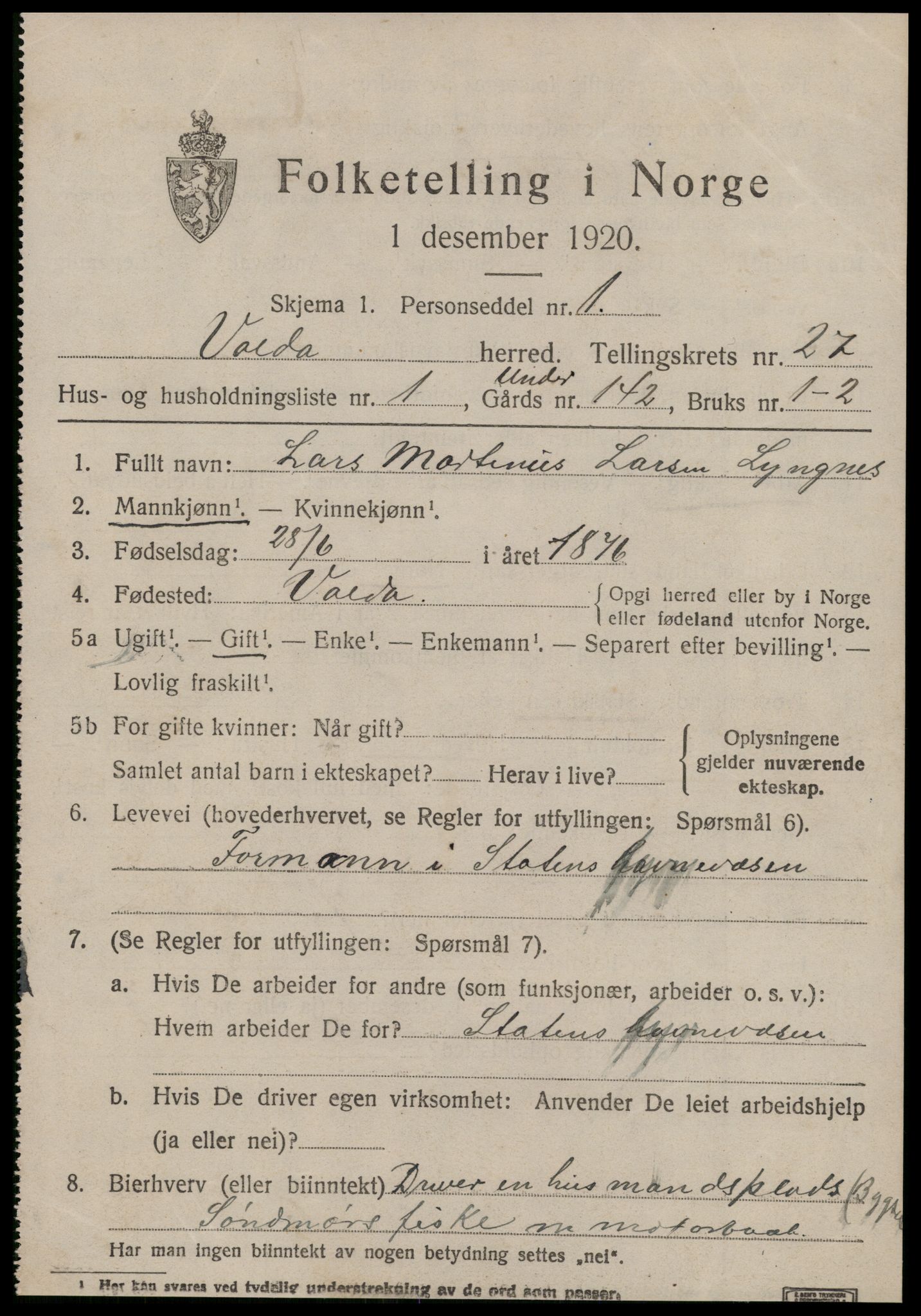 SAT, 1920 census for Volda, 1920, p. 12496